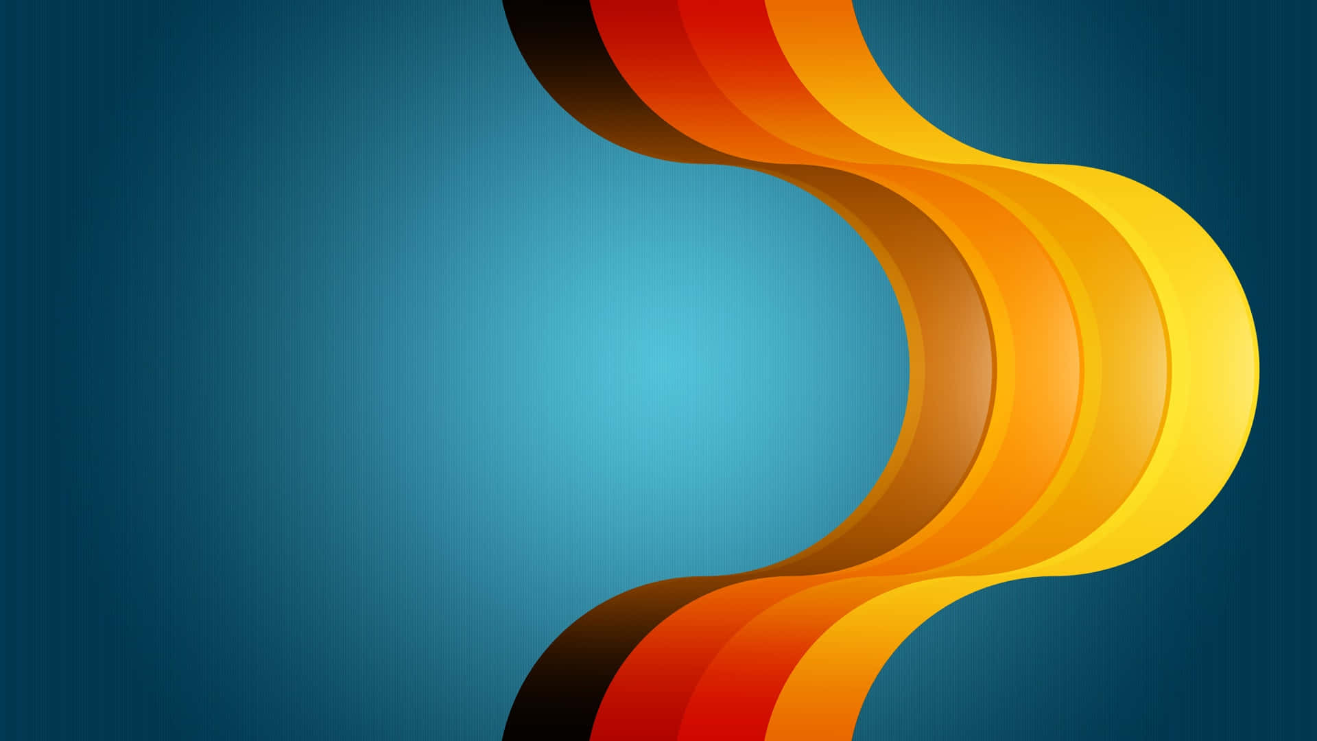 Orange Abstract 桌布 壁紙 — 充滿活力的橙色和黃色彎曲帶在漸變藍色背景上動態流動。