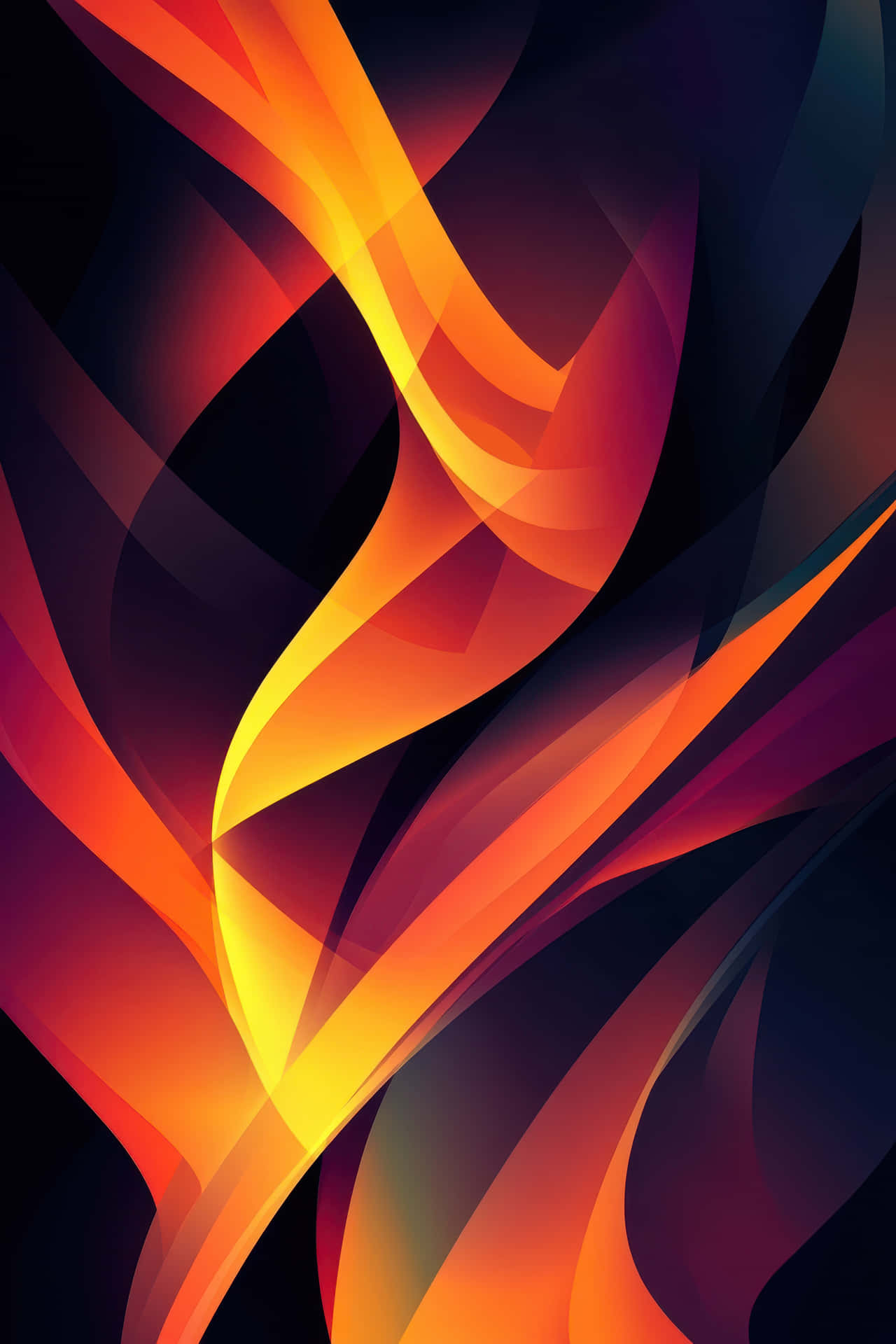 Abstract Gradient Design with Flowing Warm Tones and Dynamic Shapes 壁紙 — 充滿活力的橙色和黃色抽象絲帶在深黑色背景上動態流動，帶有銳利的幾何邊緣。