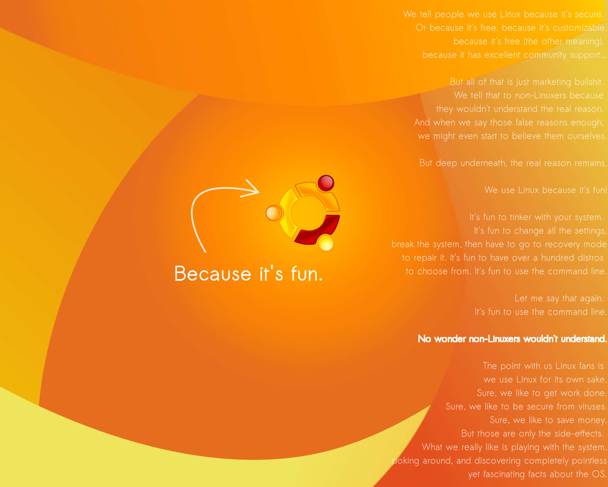 Linux 桌布 壁紙 — 充滿活力的橙色和黃色抽象背景，帶有Ubuntu標誌和文字，解釋為什麼Linux很有趣。