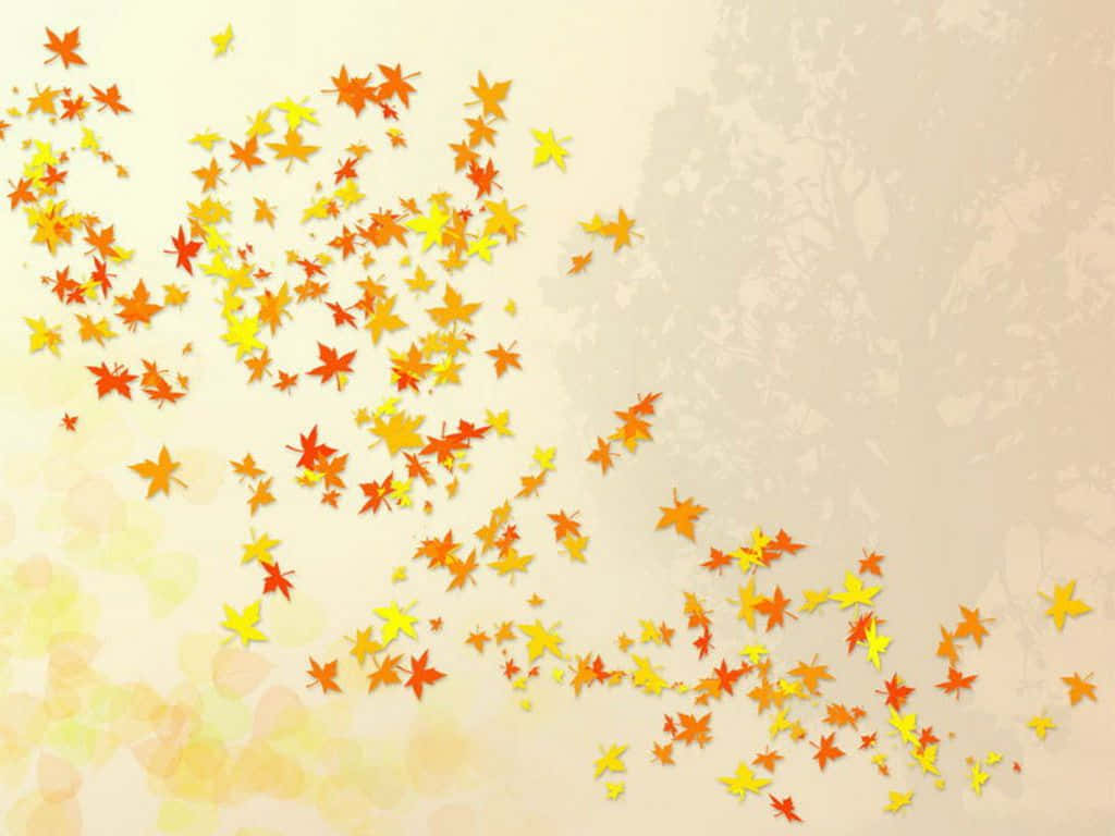 Simple Fall 桌布 壁紙 — 充滿活力的橙色和黃色楓葉在柔軟紋理的米色背景上飄動，帶有微妙的花卉污漬。