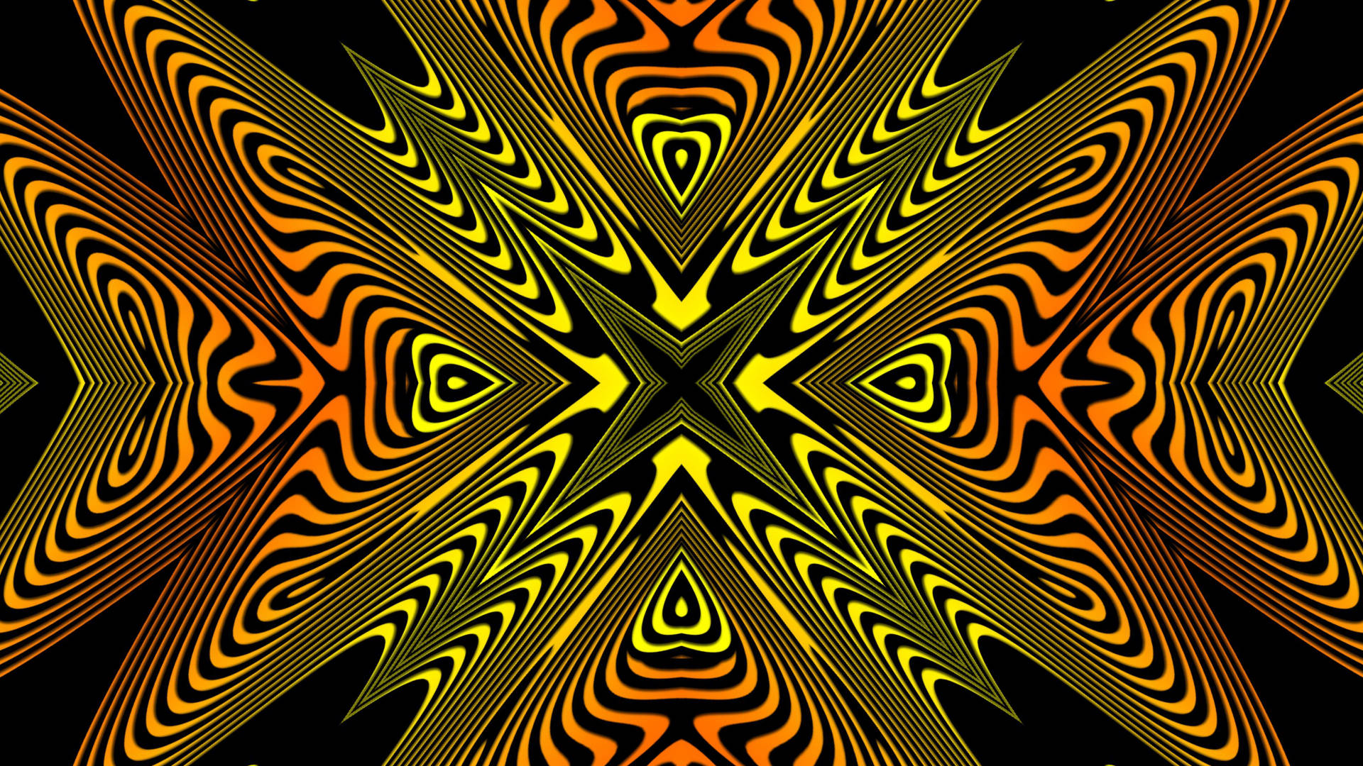Illusion 桌布 壁紙 — 充滿活力的橙色和黃色波浪線在黑色背景上形成對稱的星爆圖案。