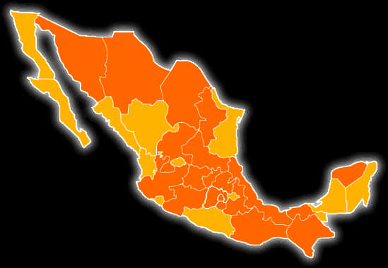 Mapa De Mexico 桌布 壁紙 — 充滿活力的橙色和黃色漸變墨西哥地圖，在黑色背景上帶有發光的白色邊框。