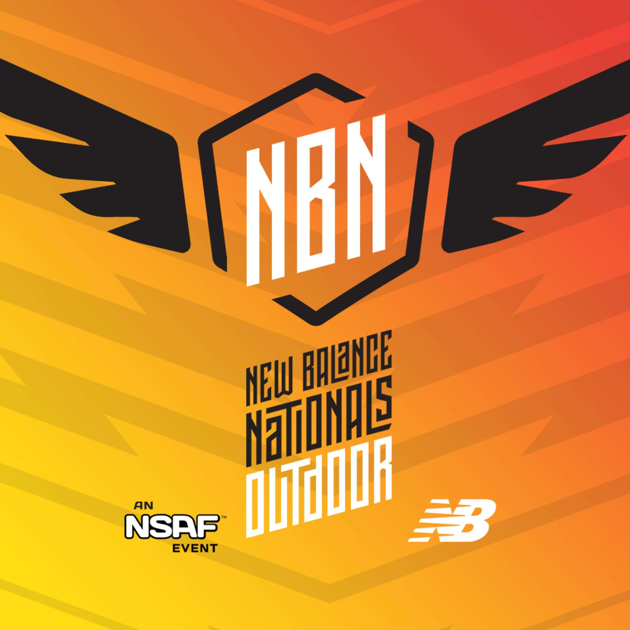 New Balance 桌布 壁紙 — 充滿活力的橙色和黃色漸變背景，帶有醒目的黑色翅膀，兩側是六邊形NBN標誌和New Balance Nationals Outdoor的文字。