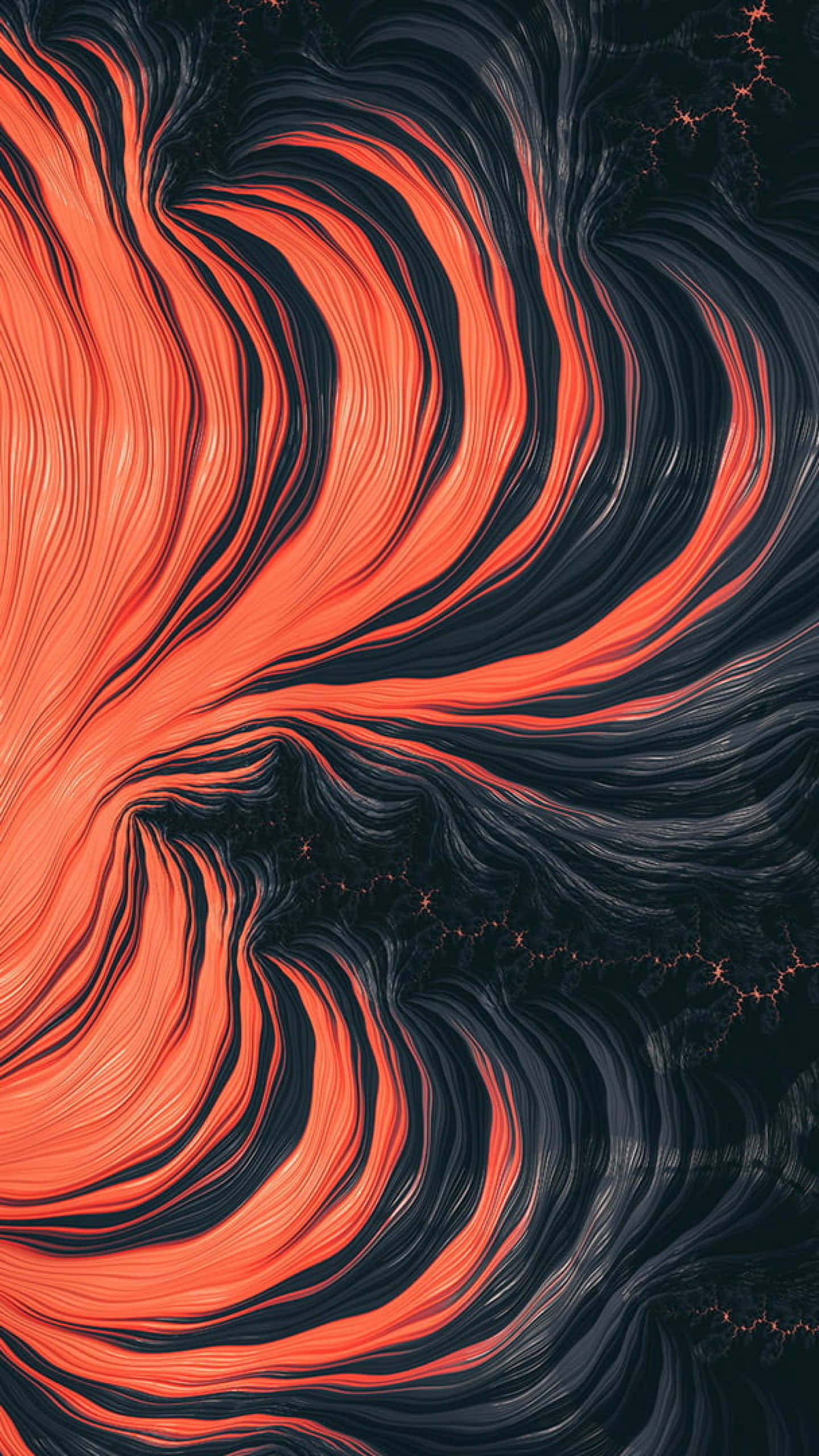 Black And Orange 桌布 壁紙 — 充滿活力的橙色和黑色漩渦狀分形圖案，帶有發光的裂紋細節，創造出動態的數位藝術作品。