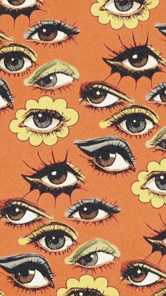 Hippie Aesthetic Laptop 桌布 壁紙 — 充滿活力的橙色壁紙，帶有重複的風格化眼睛和黃色花朵圖案。