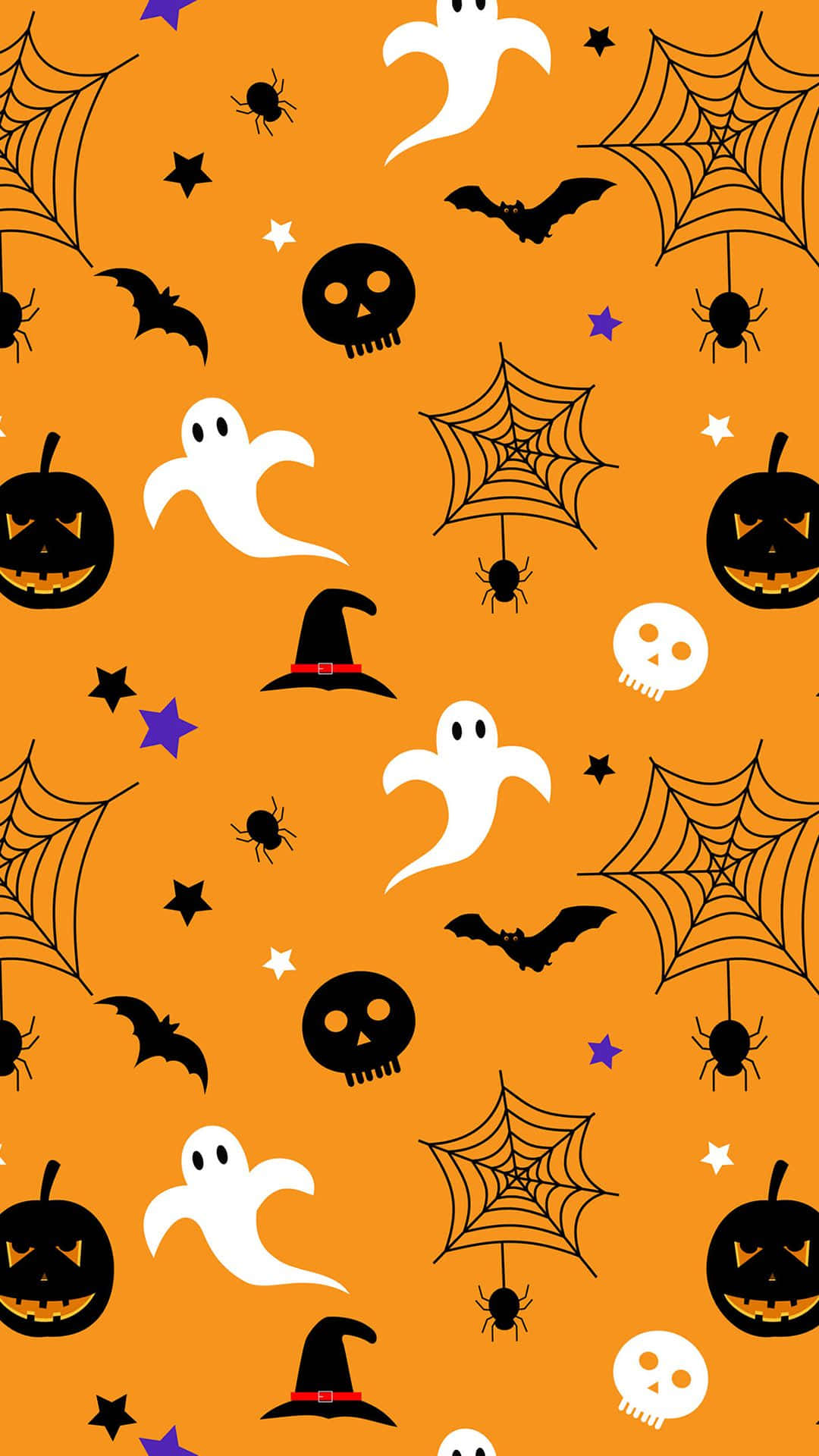 Orange Halloween 桌布 壁紙 — 充滿活力的橙色壁紙，重複著萬聖節圖標，如鬼魂、蝙蝠、南瓜和蜘蛛網。