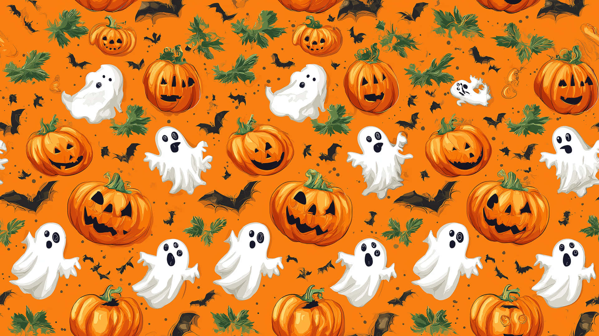 Dense Halloween Character Pattern 壁紙 — 充滿活力的橙色壁紙圖案，有微笑的南瓜燈、白色幽靈和黑色蝙蝠散落在綠葉之間。