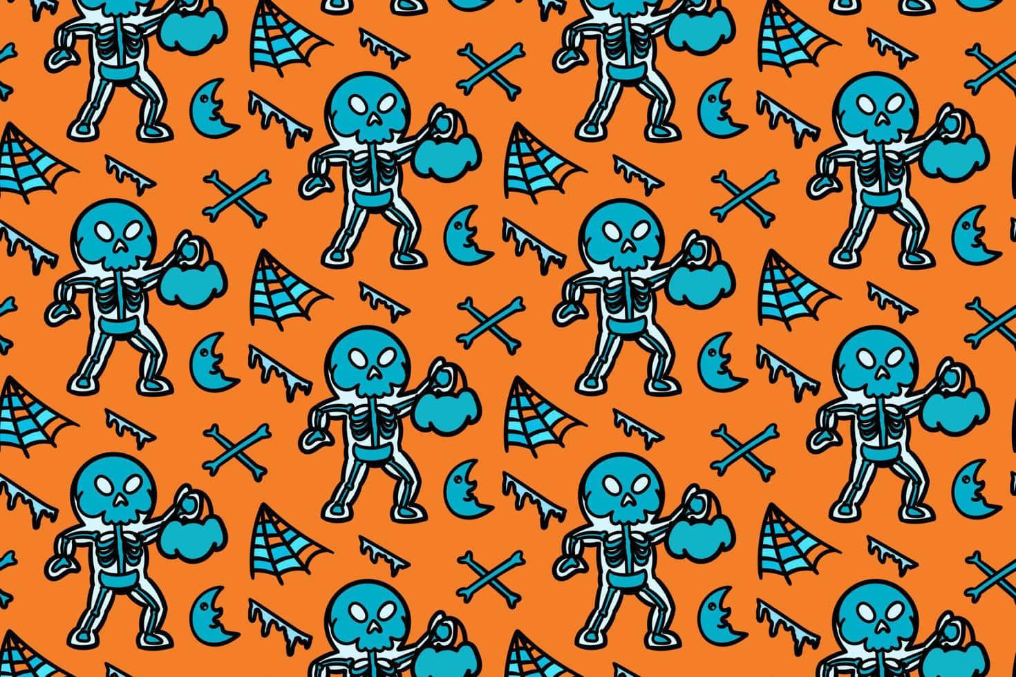 Skeleton Costumes 桌布 壁紙 — 充滿活力的橙色壁紙圖案，重複出現藍色卡通骷髏手持南瓜，伴有蝙蝠和骨頭。