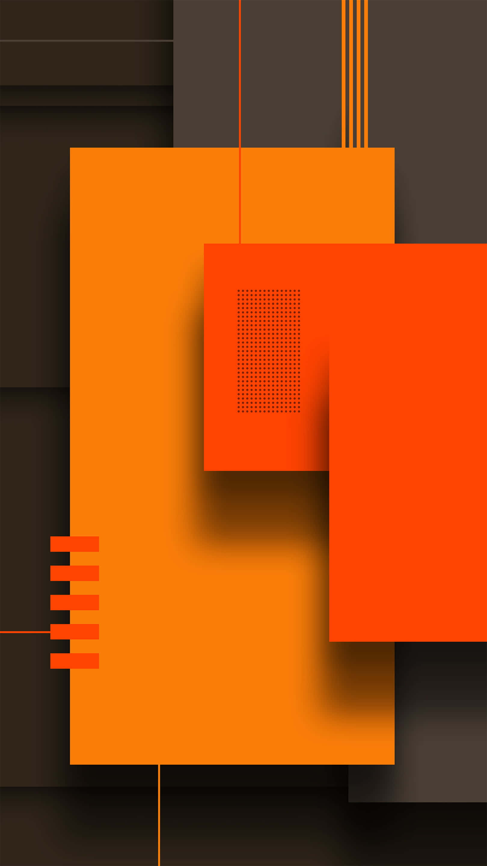 Android Material 桌布 壁紙 — 充滿活力的橙色幾何形狀在帶有微妙陰影和點狀紋理的深色背景上漂浮。
