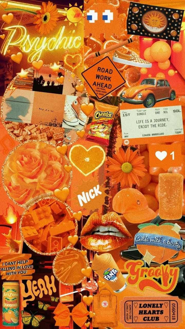 Orange Aesthetic Phone 桌布 壁紙 — 充滿活力的橙色拼貼壁紙，包含心形、花朵、汽車、零食和復古文字元素。