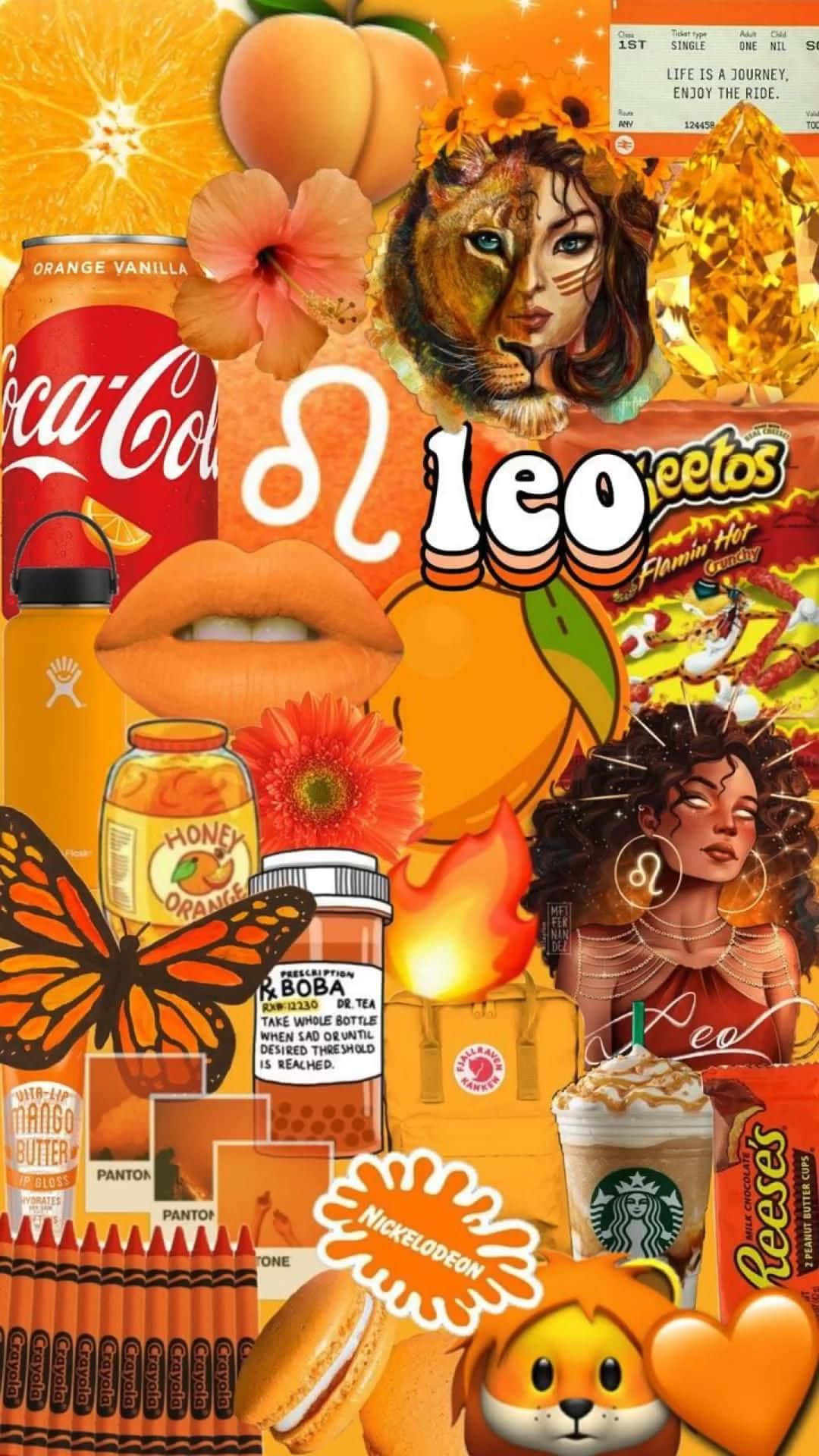 Leo 桌布 壁紙 — 充滿活力的橙色拼貼畫， featuring Coca-Cola、Reese's、火烈鳥、獅子臉和熱帶花卉，風格混亂而歡樂。