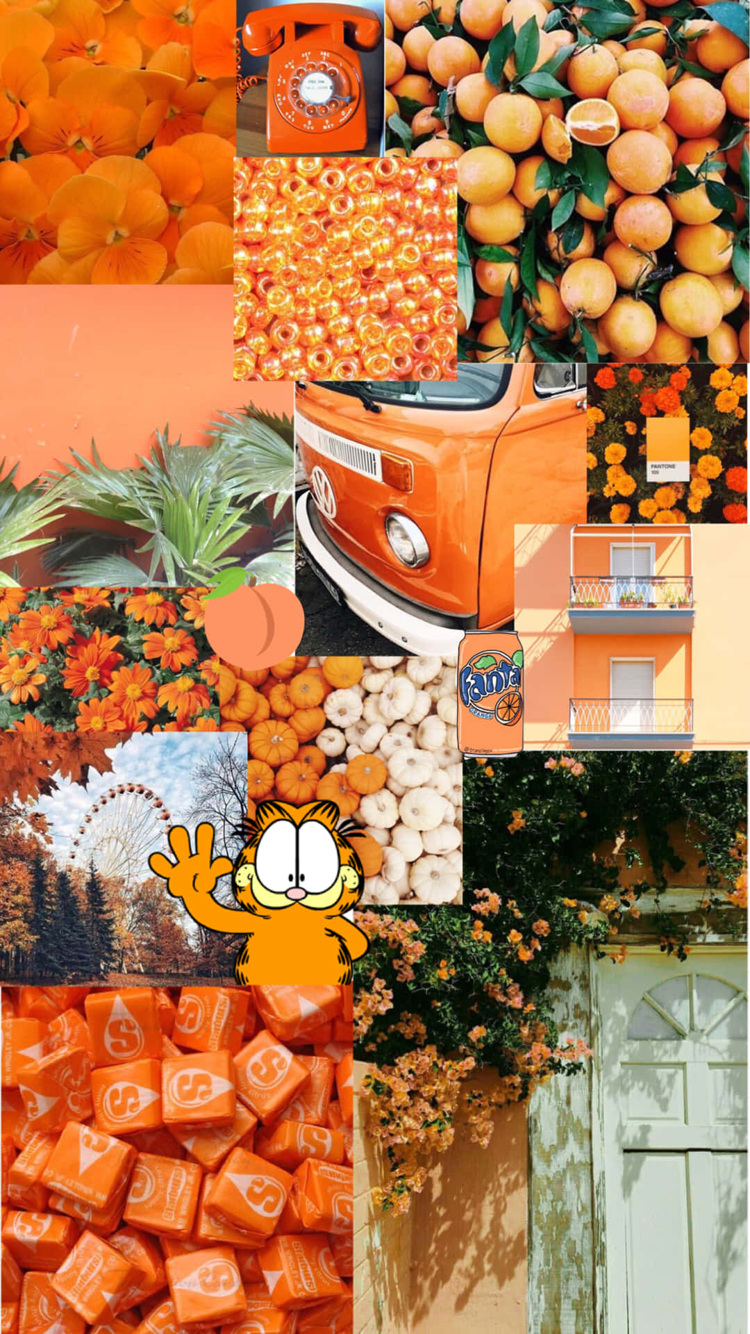 Orange iPhone 桌布 壁紙 — 充滿活力的橙色拼貼畫，以橙子、花朵、電話、糖果和加菲貓為特色，背景溫暖有質感。