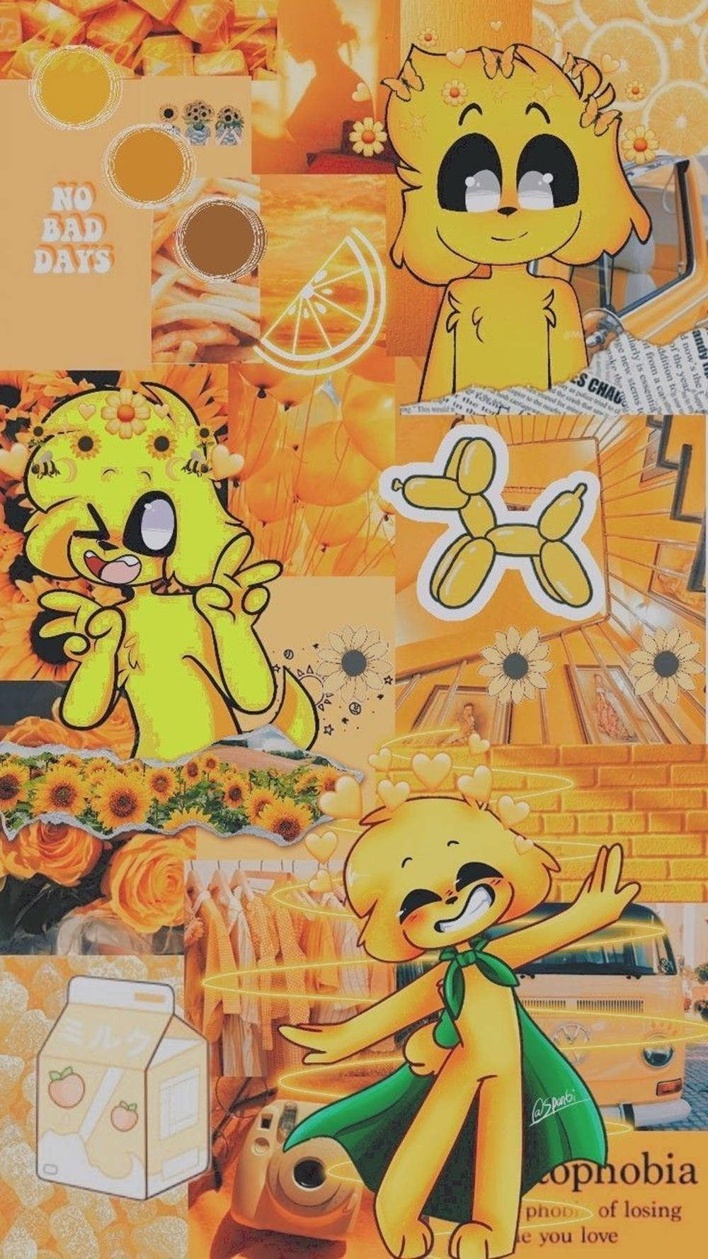 電玩遊戲 桌布 壁紙 — 充滿活力的橙色拼貼畫，以歡樂的卡通人物、向日葵和俏皮的塗鴉為特色，營造溫暖振奮的氛圍。