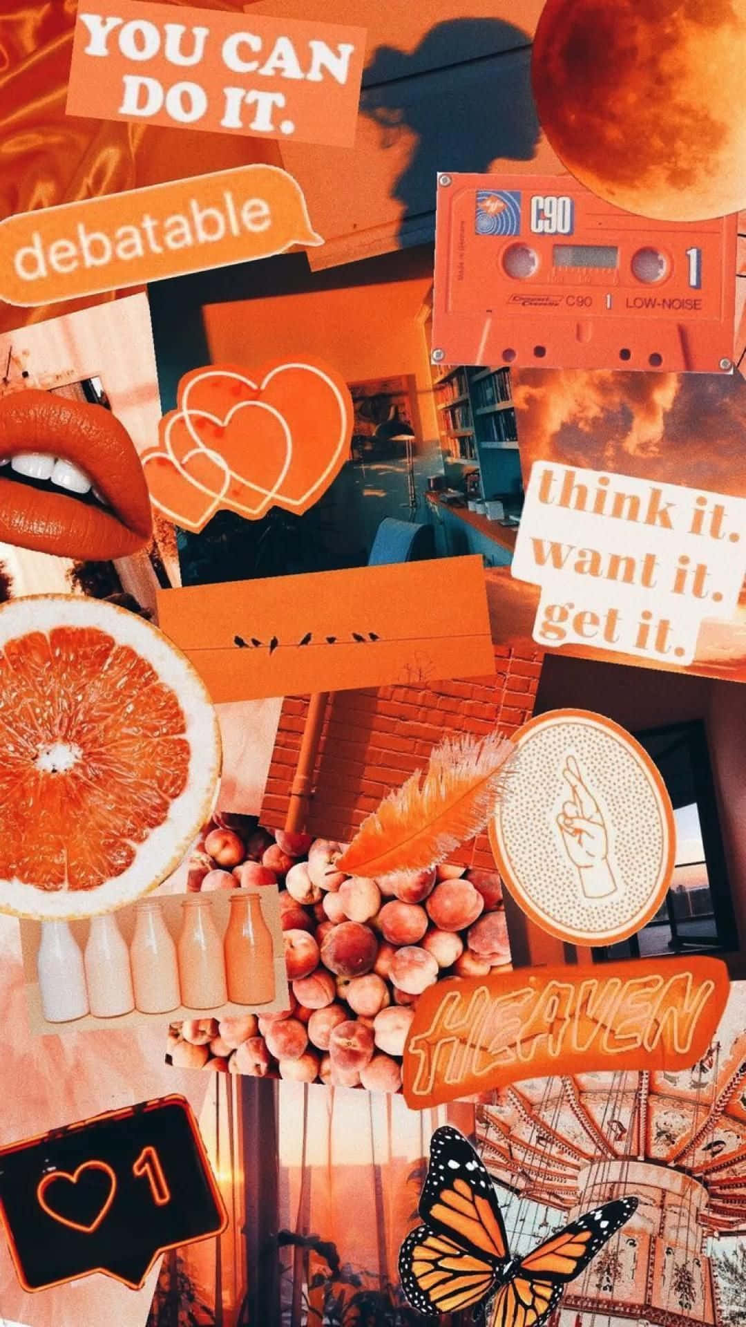 Orange Aesthetic Phone 桌布 壁紙 — 充滿活力的橙色拼貼畫，包含勵志名言、卡式錄音帶、柑橘類水果和帝王斑蝶。