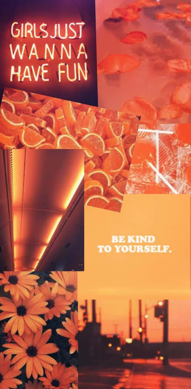 Orange Aesthetic Phone 桌布 壁紙 — 充滿活力的橙色拼貼畫，包含柑橘片、花朵、霓虹燈和城市景觀，並帶有勵志文字。