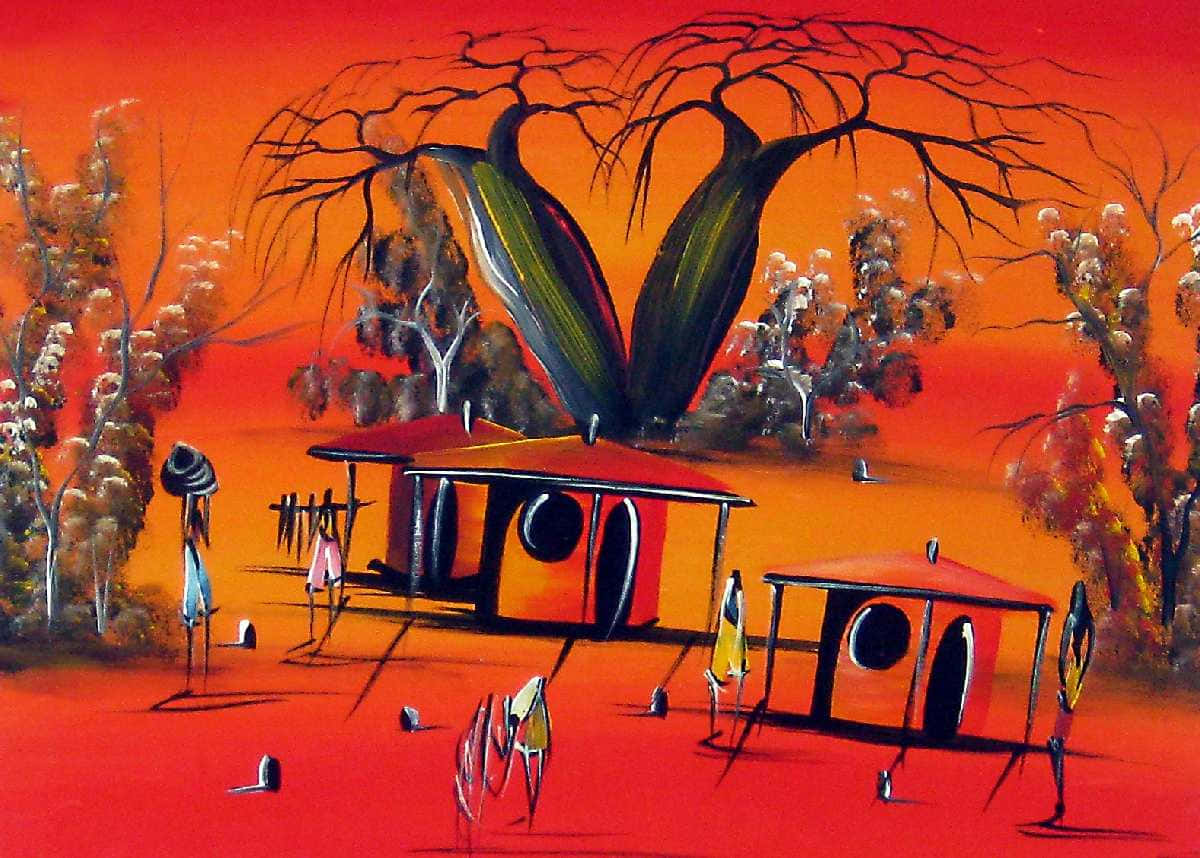 African Culture 桌布 壁紙 — 充滿活力的橙色日落描繪出超現實的風景，在火熱的天空下，有風格化的房屋和光禿禿的樹木。