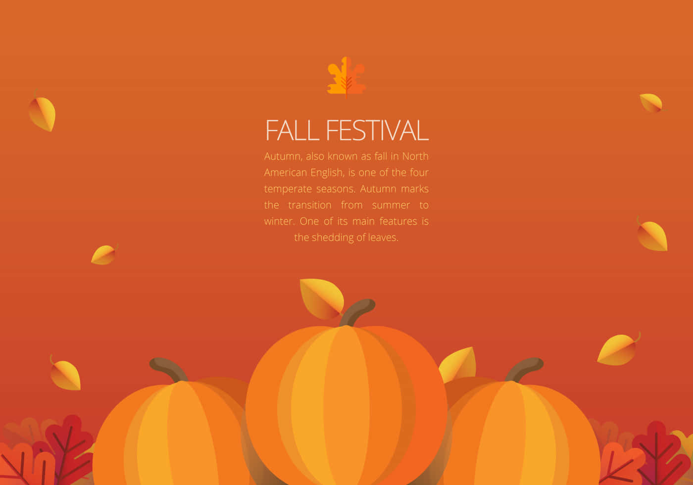 Fall Festival 桌布 壁紙 — 充滿活力的橙色漸變背景，搭配風格化的南瓜和落葉，慶祝秋季豐收。