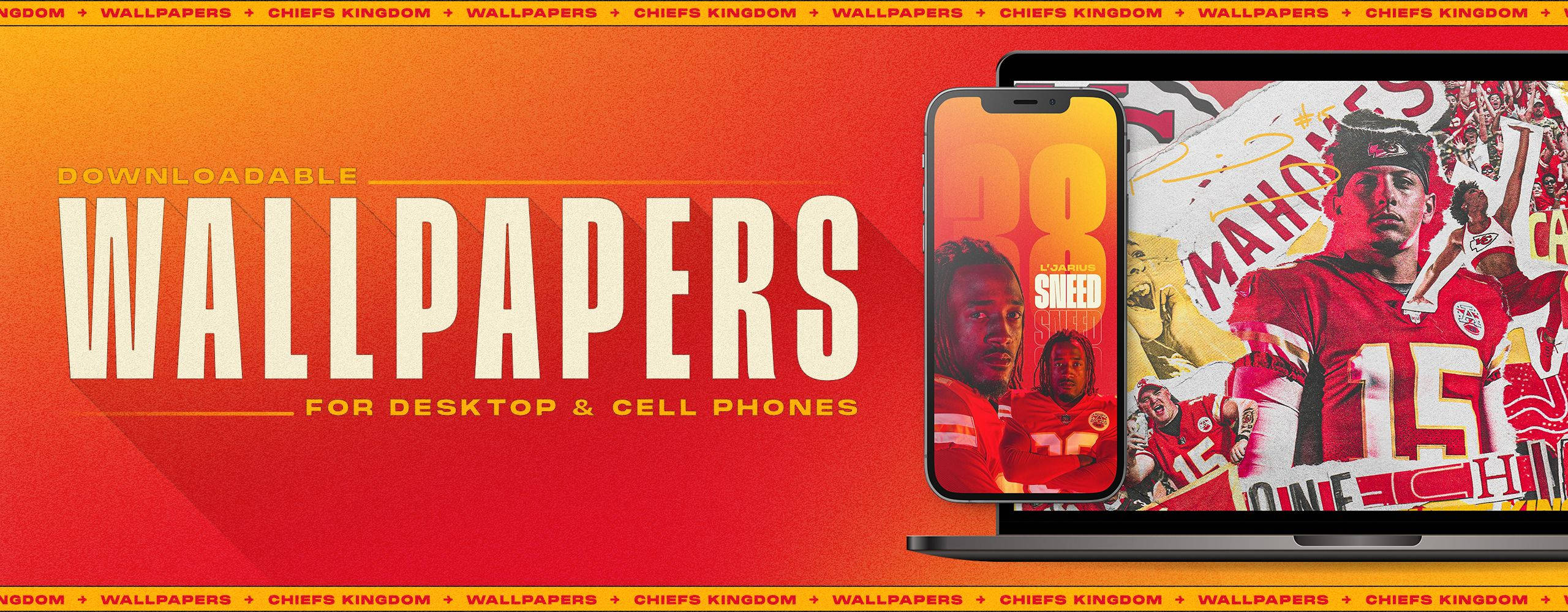 Kansas City Chiefs Cool 桌布 壁紙 — 充滿活力的橙色漸變背景，粗體白色文字宣傳可下載的桌面和手機桌布， featuring 酋長隊足球運動員。