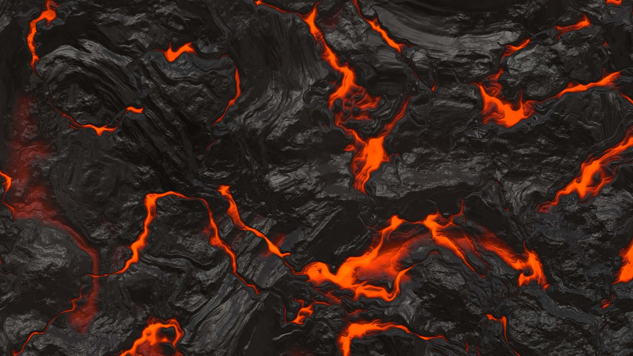 lava 桌布 壁紙 — 充滿活力的橙色熔岩流在崎嶇的黑色火山岩中劃出發光的路徑，形成戲劇性的自然場景。