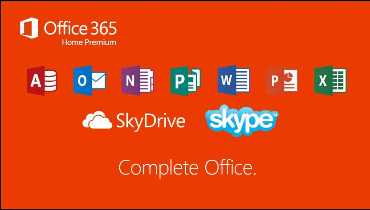 Office 365 桌布 壁紙 — 充滿活力的橙色背景，上面有 Microsoft Office 365 應用程式（包括 Word、Excel、PowerPoint 和 Skype）的白色和彩色標誌。