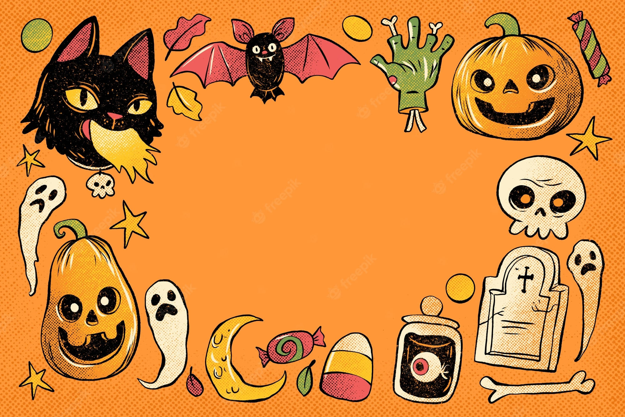 Spooky Season 桌布 壁紙 — 充滿活力的橙色背景，以經典萬聖節圖標如南瓜、蝙蝠、鬼魂和糖果，以復古漫畫風格框住。