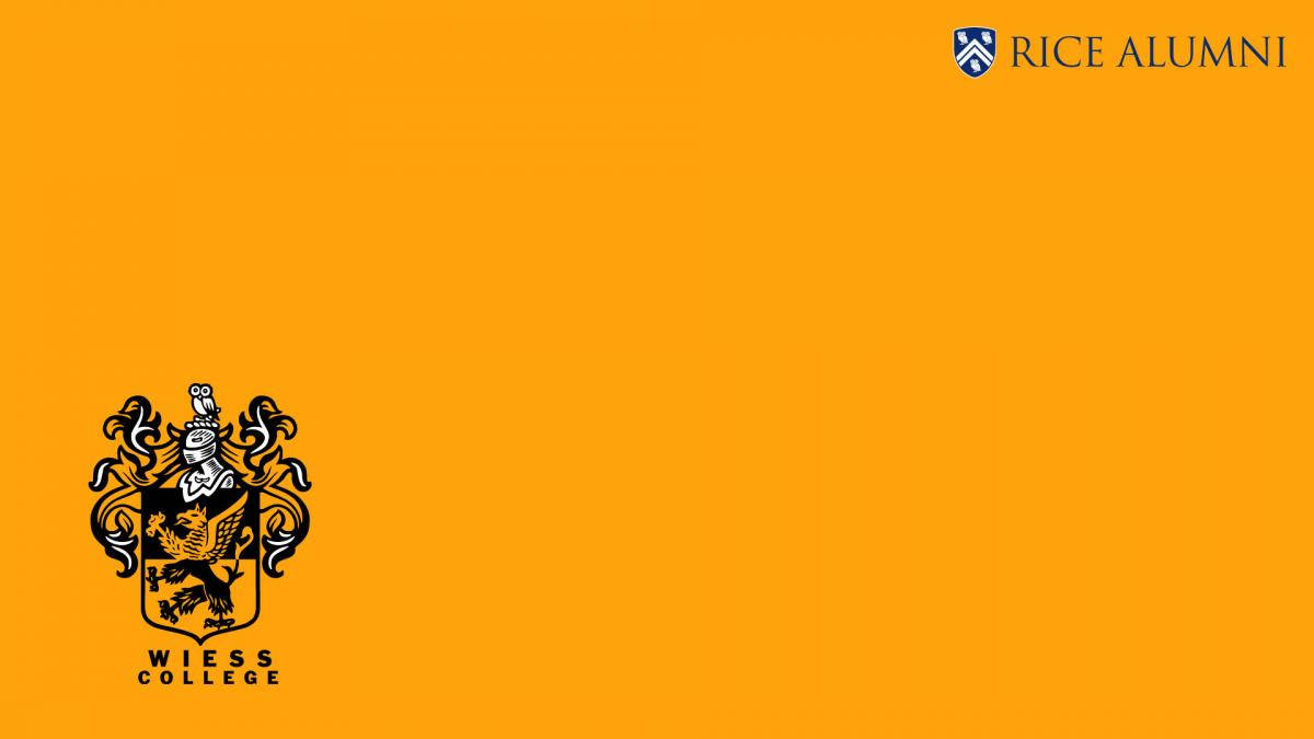 標誌 桌布 壁紙 — 充滿活力的橙色背景，右上角有黑白 Weiss College 徽章和 Rice Alumni 文字。
