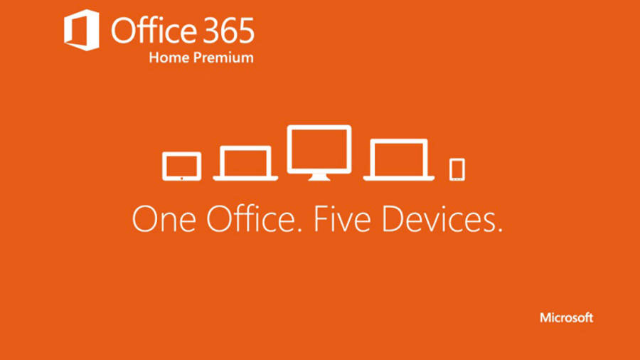 Office 365 桌布 壁紙 — 充滿活力的橙色背景，帶有白色 Office 365 Home Premium 標誌和五個裝置圖示，推廣跨平台生產力。