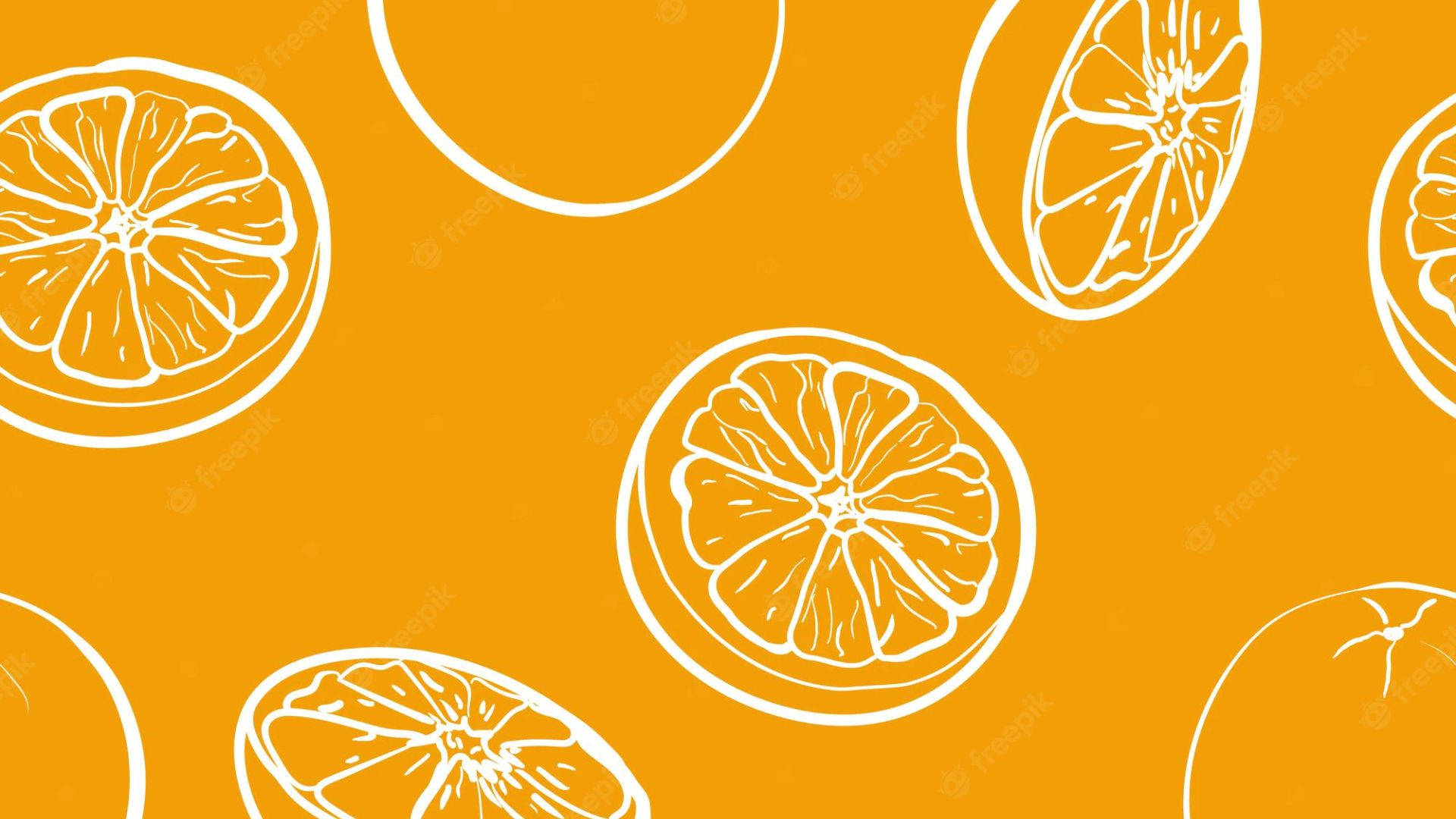 Orange Fruit 桌布 壁紙 — 充滿活力的橙色背景，帶有白色輪廓的柑橘切片和完整水果，形成重複圖案。