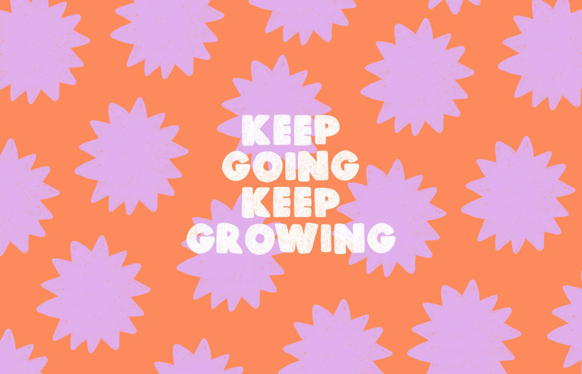 Motivational Aesthetic Desktop 桌布 壁紙 — 充滿活力的橙色背景，帶有紫色星爆形狀和粗體白色勵志文字 keep going keep growing。