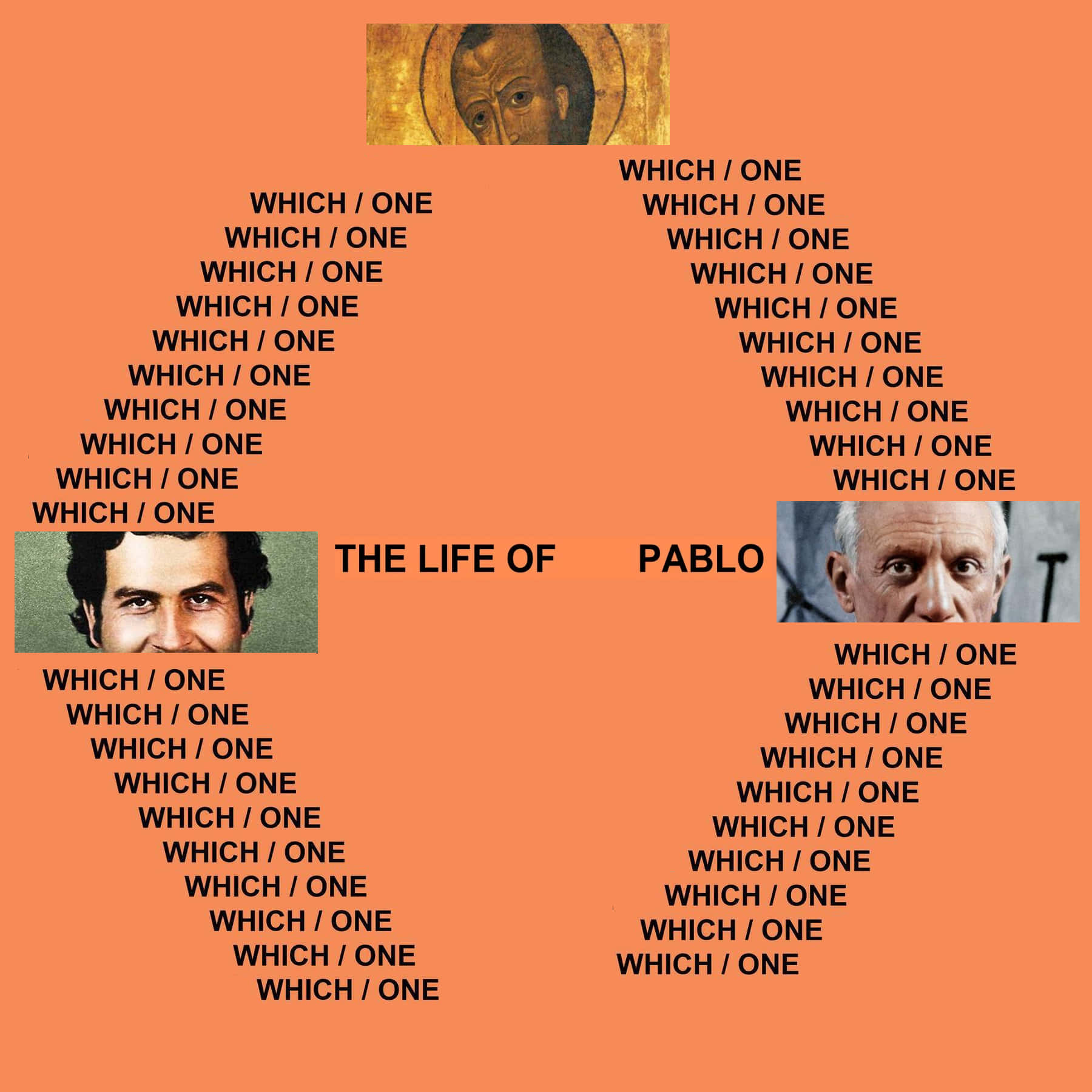 The Life Of Pablo 桌布 壁紙 — 充滿活力的橙色背景，帶有重複文字，其中一張和三張人像照片以菱形圖案排列。