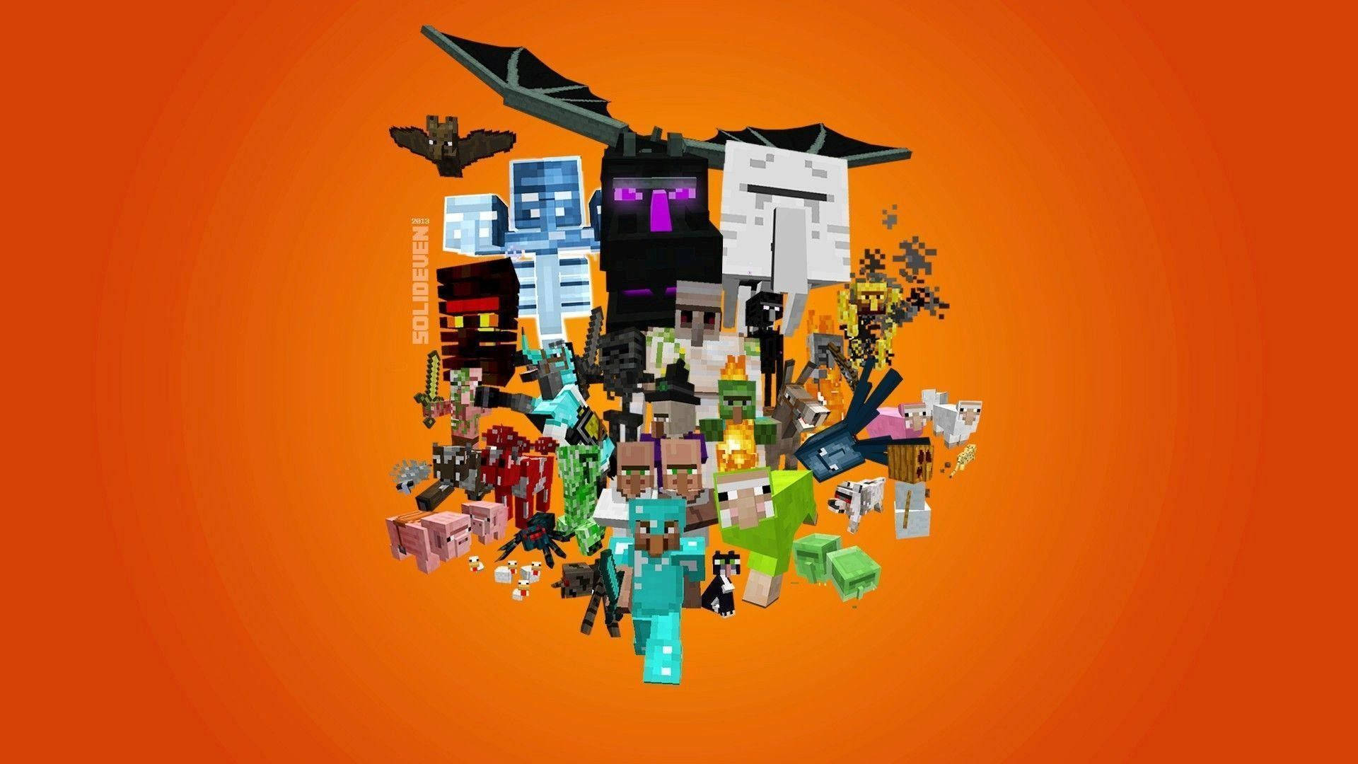 我的世界 桌布 壁紙 — 充滿活力的橙色背景爆發出一群混亂的Minecraft角色和生物，以方塊像素藝術風格呈現。