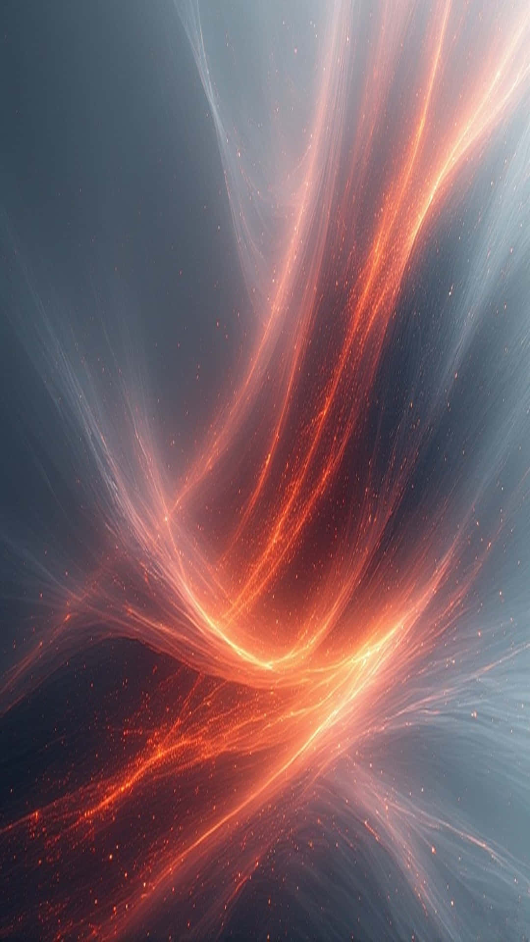 space 4K background 壁紙 — 充滿活力的橙色能量流在涼爽的藍色漸變背景上動態旋轉，帶有發光粒子。