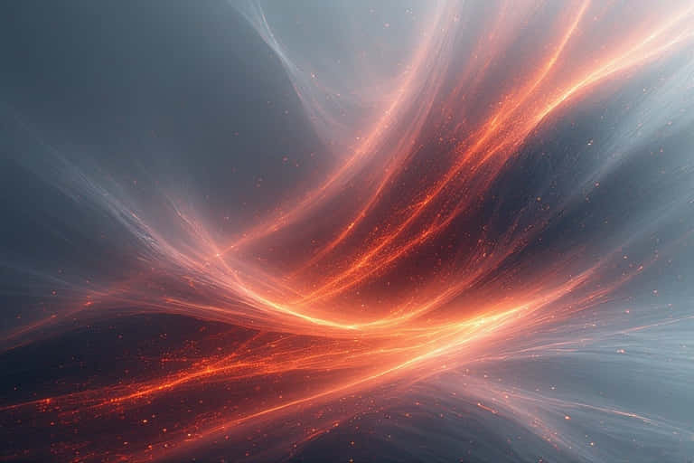 space 4K background 壁紙 — 充滿活力的橙色能量流在涼爽的藍色漸變背景上動態旋轉，帶有發光粒子。