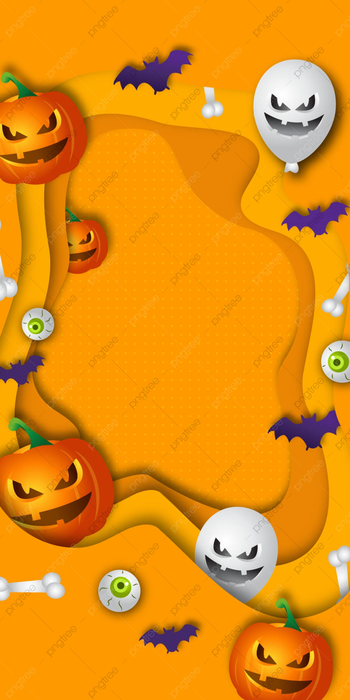 Halloween Phone 桌布 壁紙 — 充滿活力的橙色萬聖節壁紙，以傑克南瓜燈、鬼魂、蝙蝠、眼球和骨頭裝飾，背景帶有紋理。