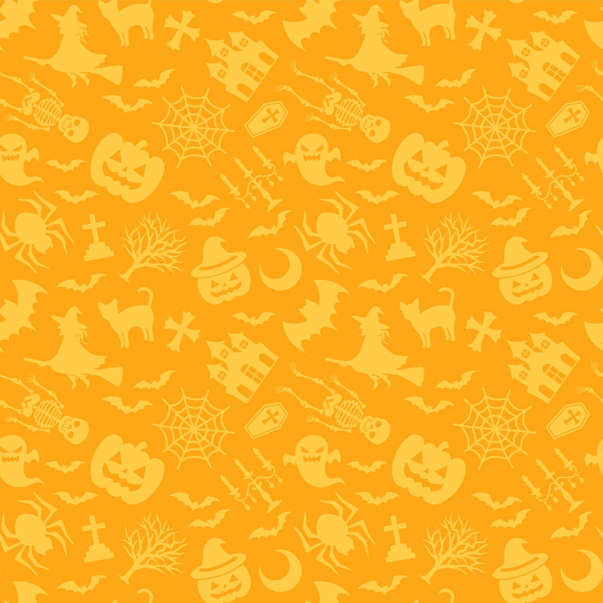 Orange Halloween 桌布 壁紙 — 充滿活力的橙色萬聖節壁紙圖案，帶有南瓜、鬼魂、蝙蝠、女巫和蜘蛛的恐怖剪影。