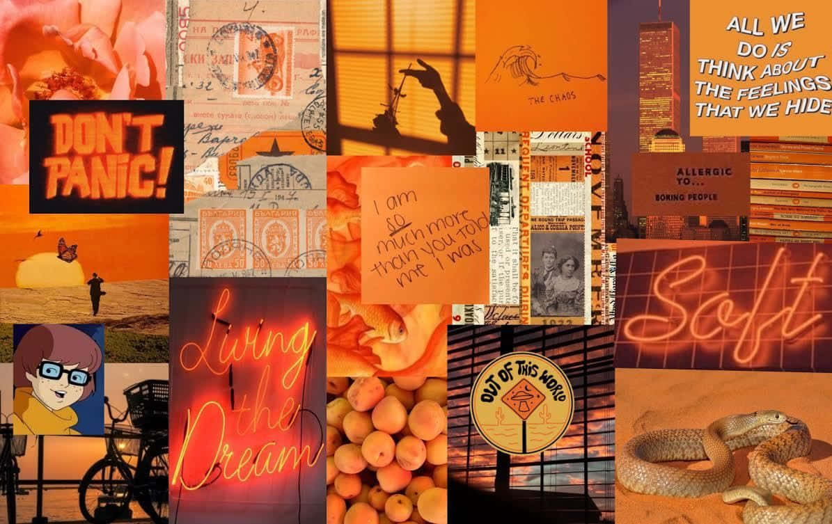 Macbook Collage 桌布 壁紙 — 充滿活力的橙色調拼貼畫，包含懷舊照片、語錄和霓虹燈牌，帶有夢幻超現實的氛圍。