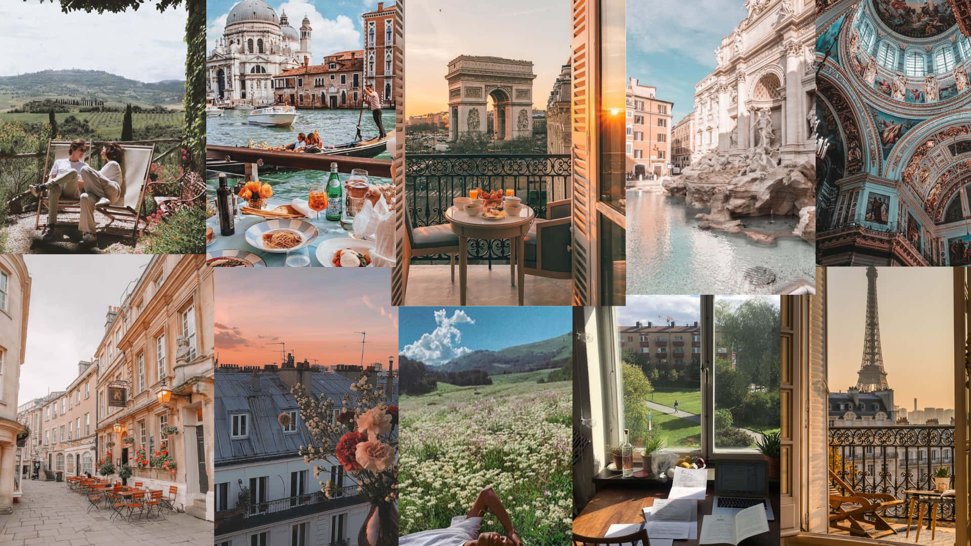 Italy Aesthetic 桌布 壁紙 — 充滿活力的歐洲旅行時刻拼貼畫， featuring 威尼斯貢多拉、巴黎陽台景觀和風景如畫的鄉村景色。