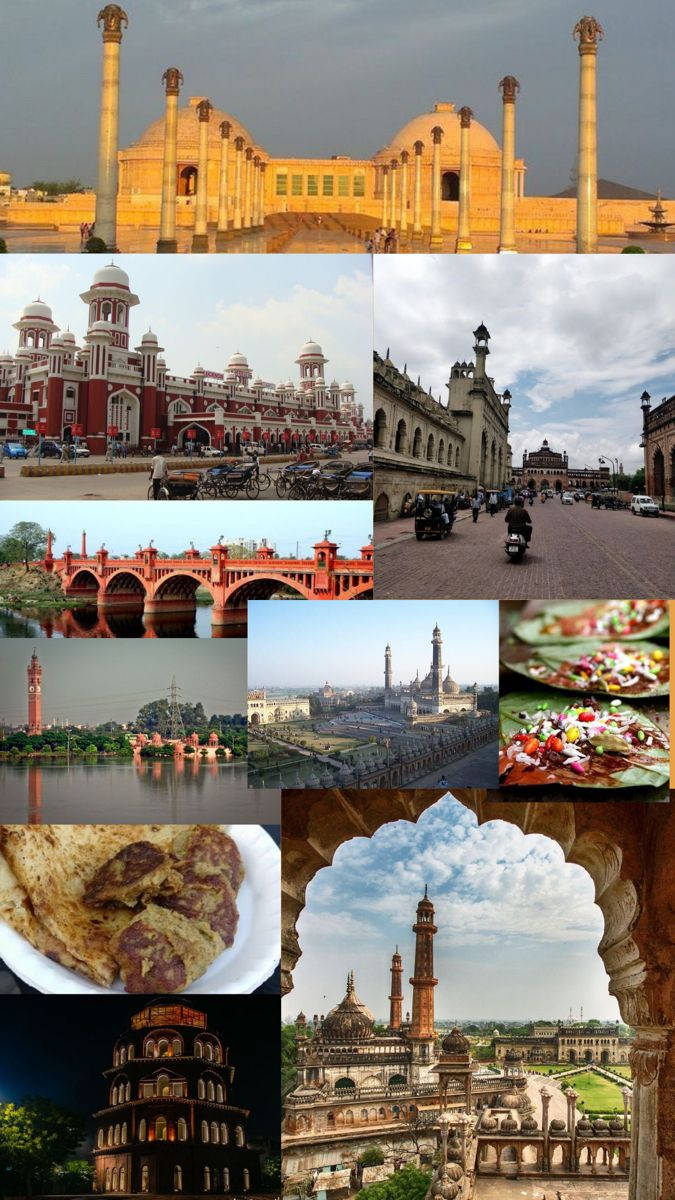 Indian 桌布 壁紙 — 充滿活力的歷史印度地標和街景拼貼畫，包括圓頂清真寺、紅色橋樑和陰天下的傳統美食。