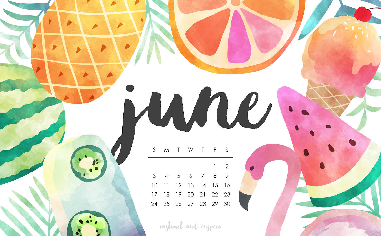 June 桌布 壁紙 — 充滿活力的水彩六月日曆，周圍環繞著熱帶水果、冰淇淋和火烈鳥。
