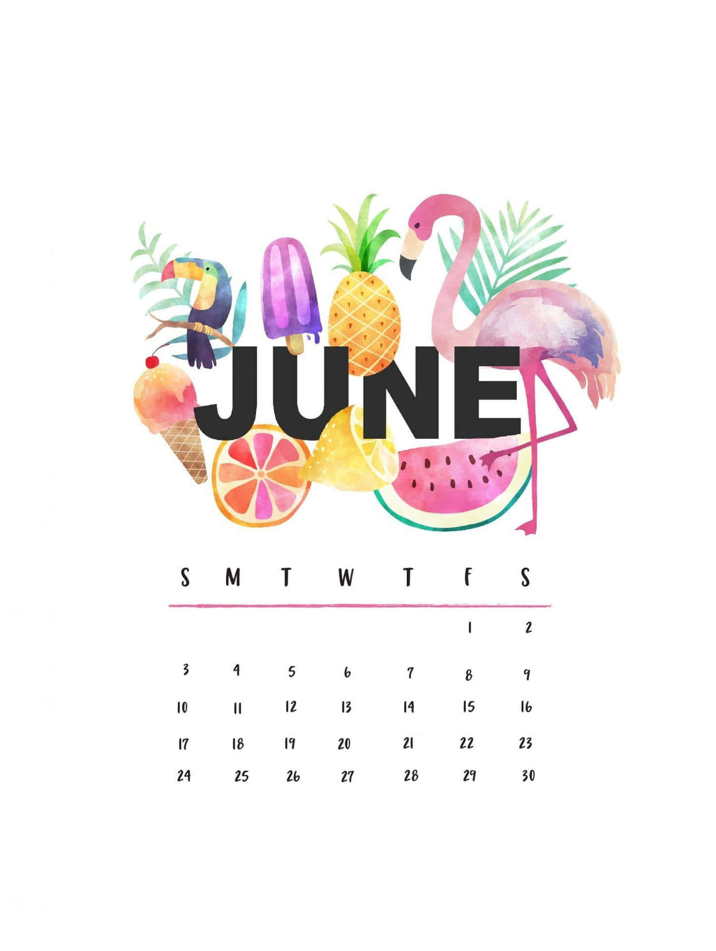 June 桌布 壁紙 — 充滿活力的水彩六月日曆，飾有熱帶火烈鳥、巨嘴鳥、鳳梨、西瓜和柑橘片。