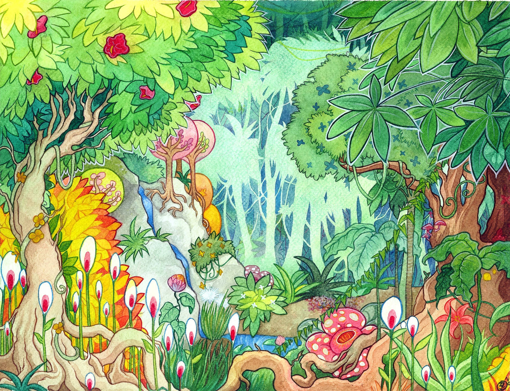 森林王子 桌布 壁紙 — 充滿活力的水彩叢林場景，有層疊瀑布、發光的粉紅色樹木和斑駁陽光下的異國植物。