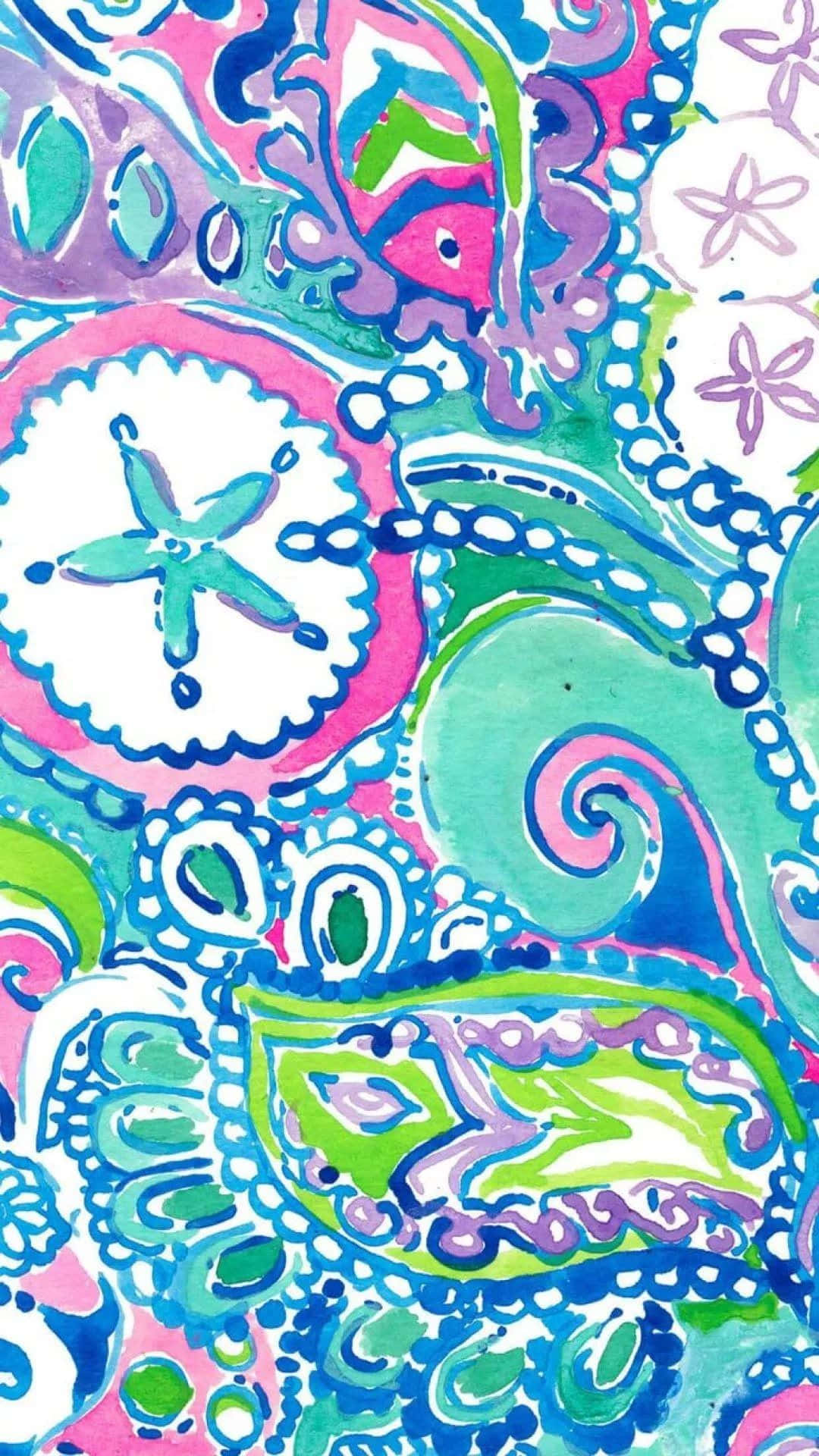 Starfish 桌布 壁紙 — 充滿活力的水彩圖案，帶有旋轉的佩斯利和海星圖案，以粉紅色、藍綠色和紫色呈現於白色背景上。