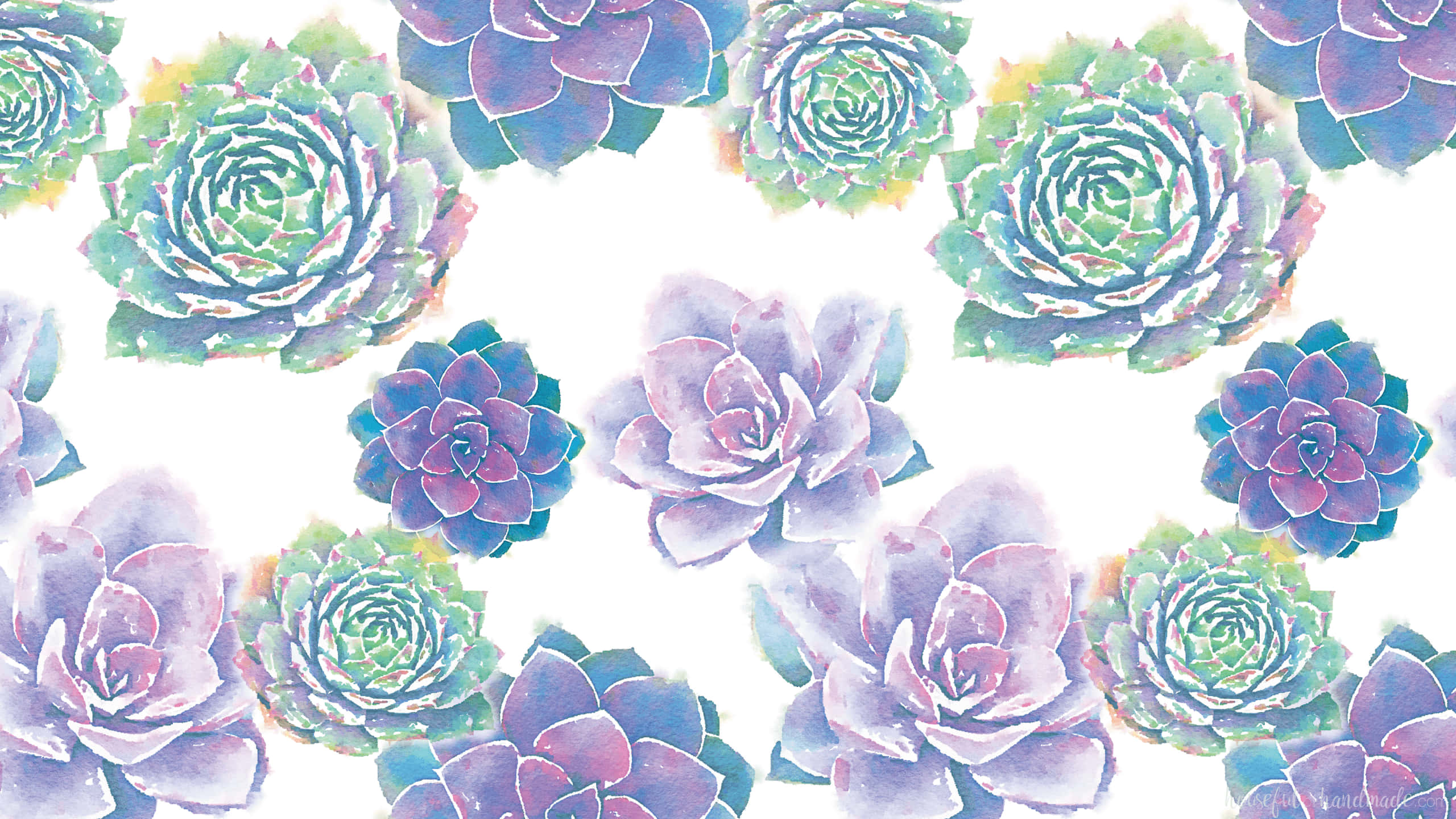 Floral Watercolor 桌布 壁紙 — 充滿活力的水彩多肉植物，以紫色、綠色和藍色色調在明亮的白色背景上綻放。