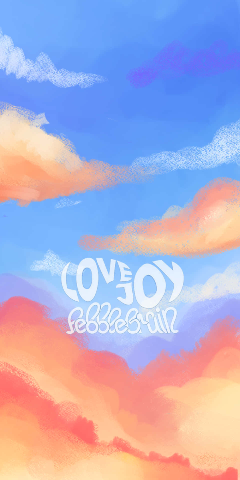 Album Cover 桌布 壁紙 — 充滿活力的水彩天空，帶有橙色、粉紅色和藍色的雲朵，並有白色風格文字寫著love joy。
