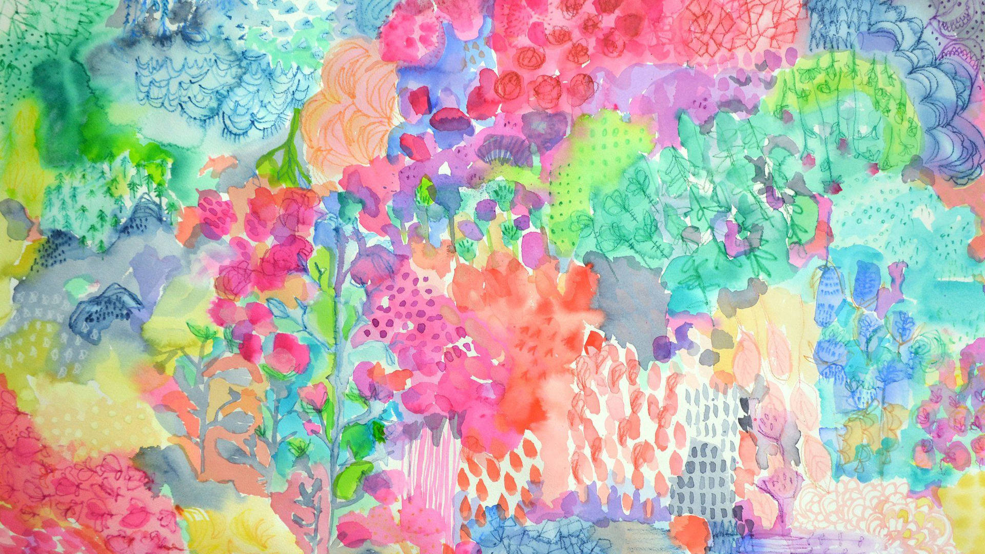 Preppy 桌布 壁紙 — 充滿活力的水彩抽象風景，充滿粉紅色、綠色、藍色和黃色的花卉圖案和紋理筆觸。