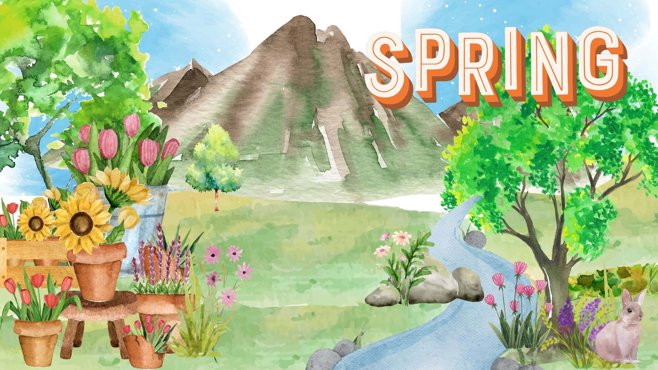 Spring Aesthetic 桌布 壁紙 — 充滿活力的水彩春天場景，盛開的花盆、蜿蜒的小溪和明亮天空下的山脈。