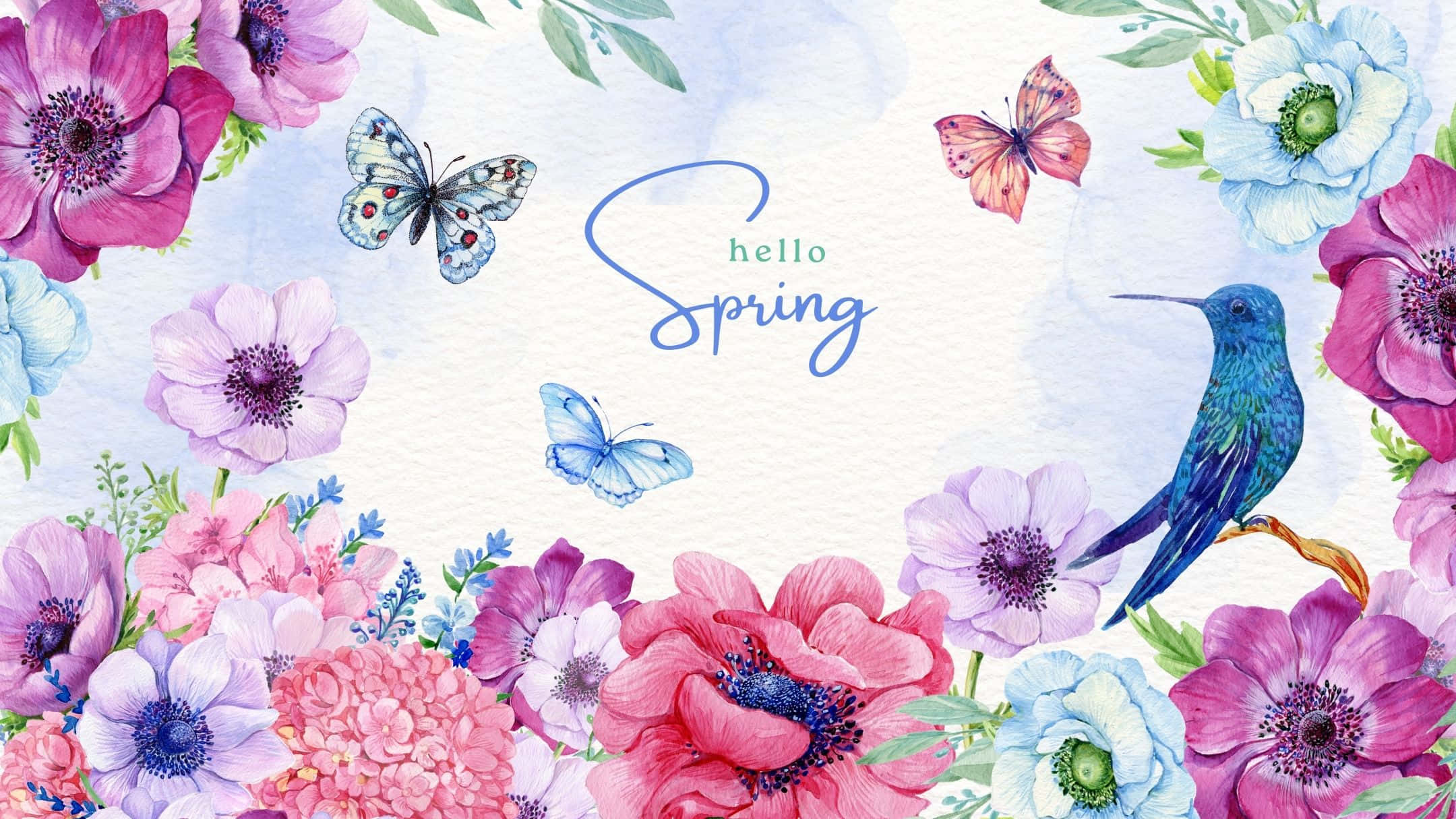 Spring Aesthetic 桌布 壁紙 — 充滿活力的水彩春天花朵和蝴蝶圍繞著一隻蜂鳥，並帶有 'hello Spring' 字樣。