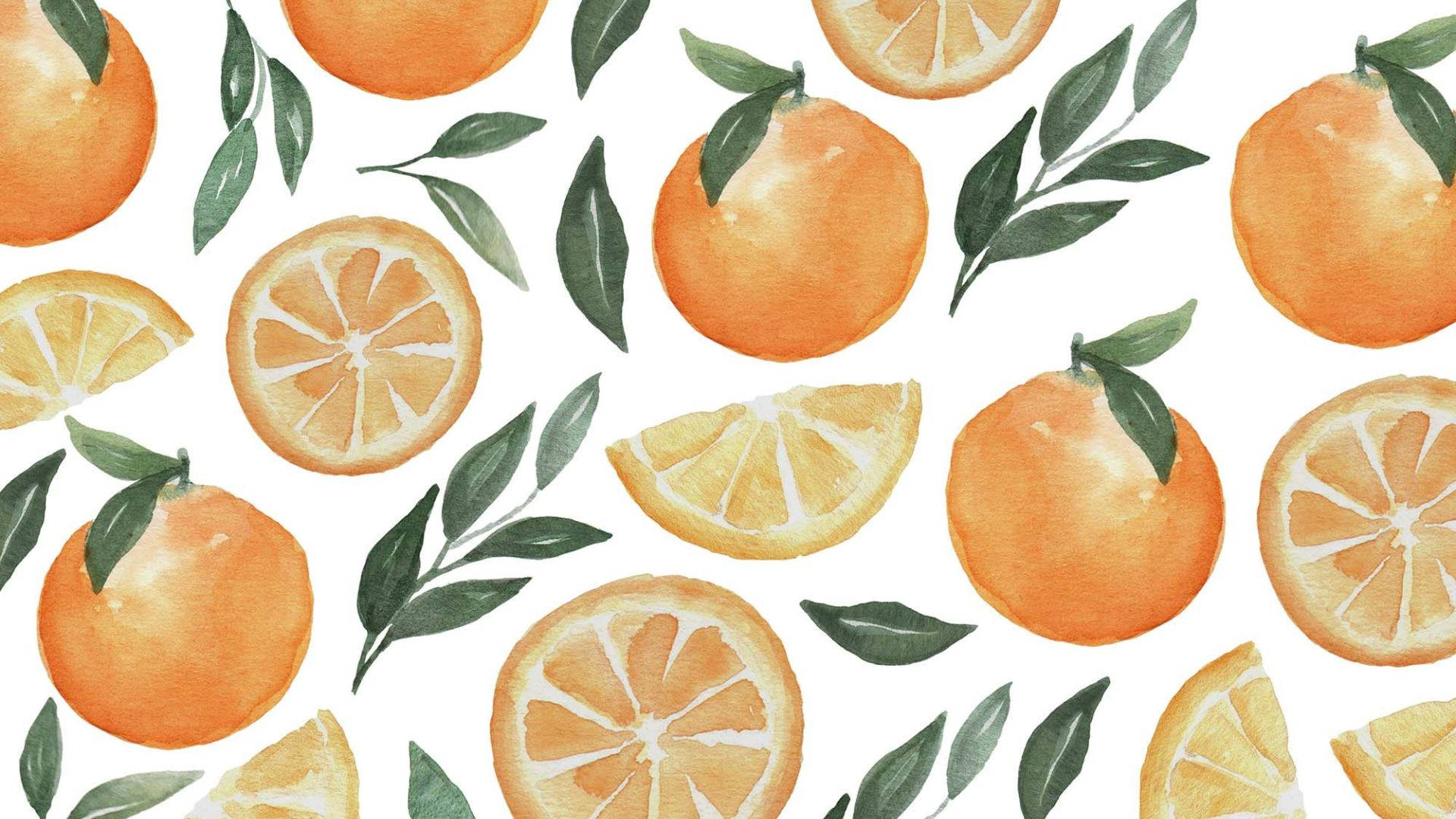 Orange Fruit 桌布 壁紙 — 充滿活力的水彩柳橙和切片，配上綠葉，散落在潔白的背景上。