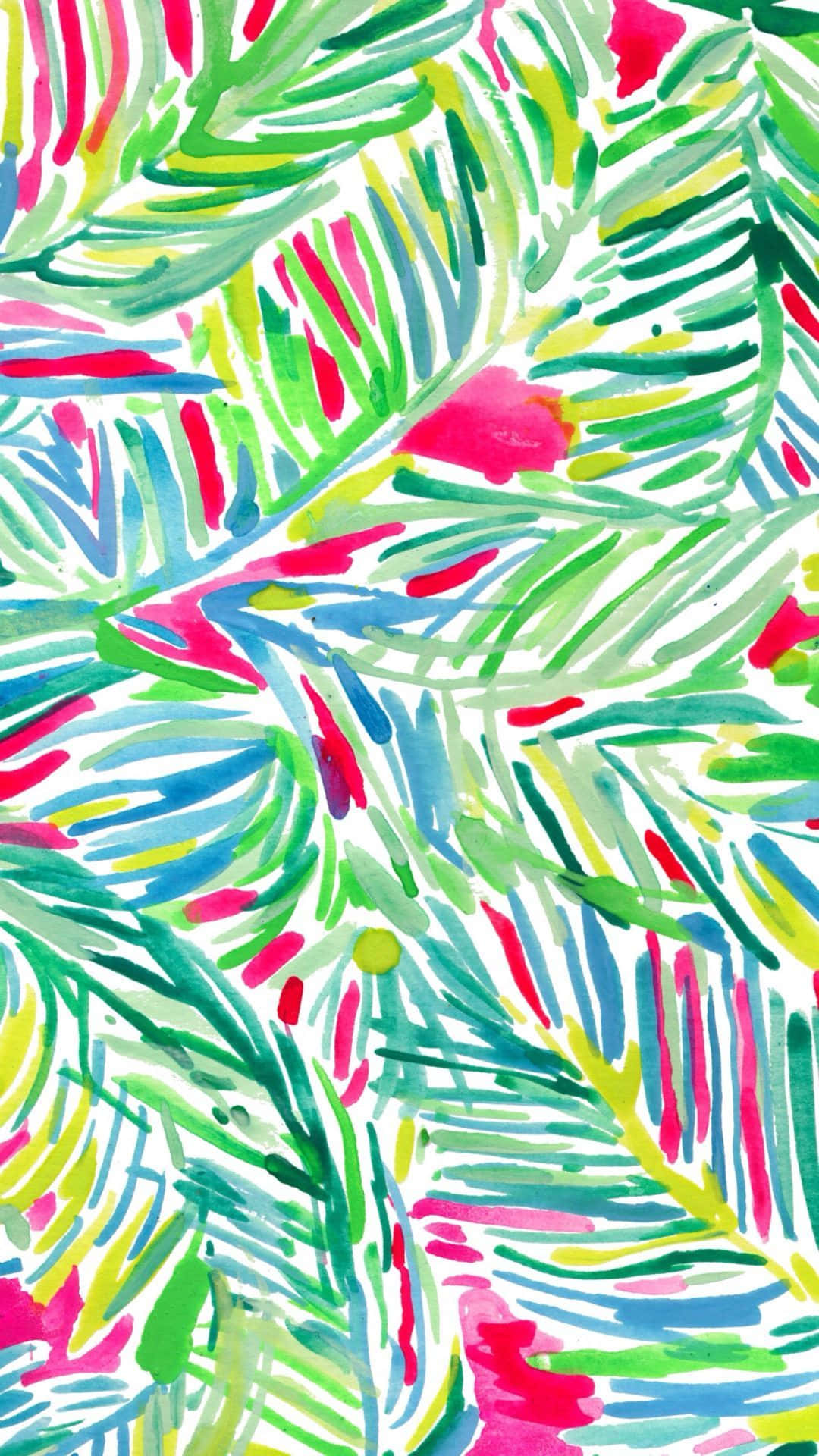 Lilly Pulitzer iPhone 桌布 壁紙 — 充滿活力的水彩棕櫚葉以綠色、粉紅色和藍色在明亮的白色背景上旋轉。
