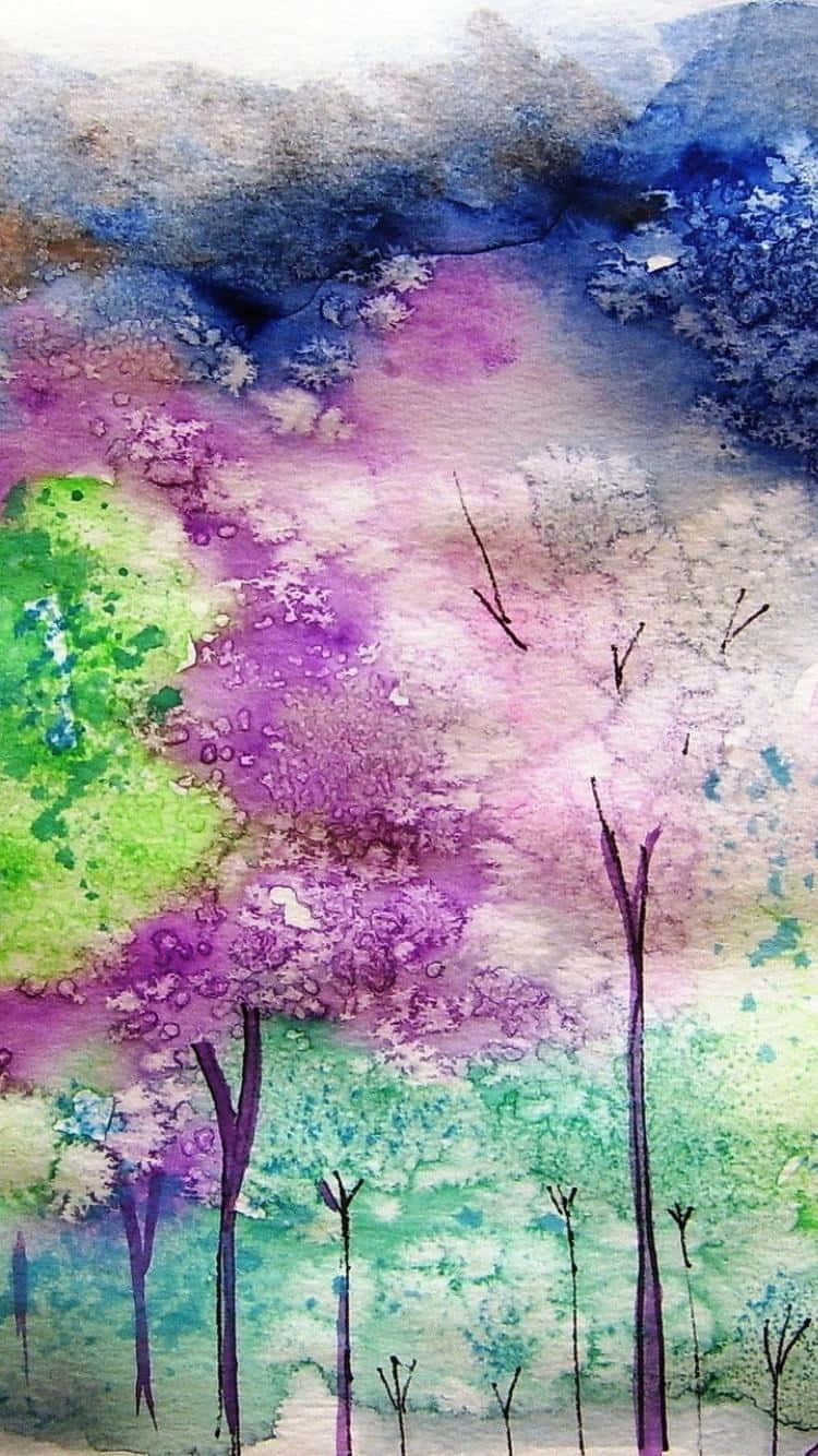 桌布 壁紙 — 充滿活力的水彩樹木在夢幻多雲的天空下，以超現實的紫色、綠色和藍色色調綻放。